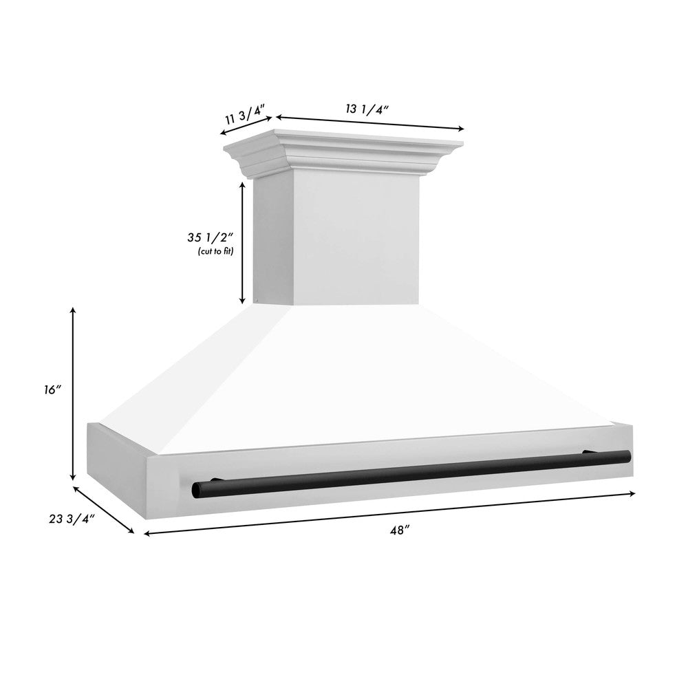 ZLINE Autograph Edition 48 in. Stainless Steel Range Hood with White Matte Shell and Handle (8654STZ-WM48) dimensional diagram and measurements.