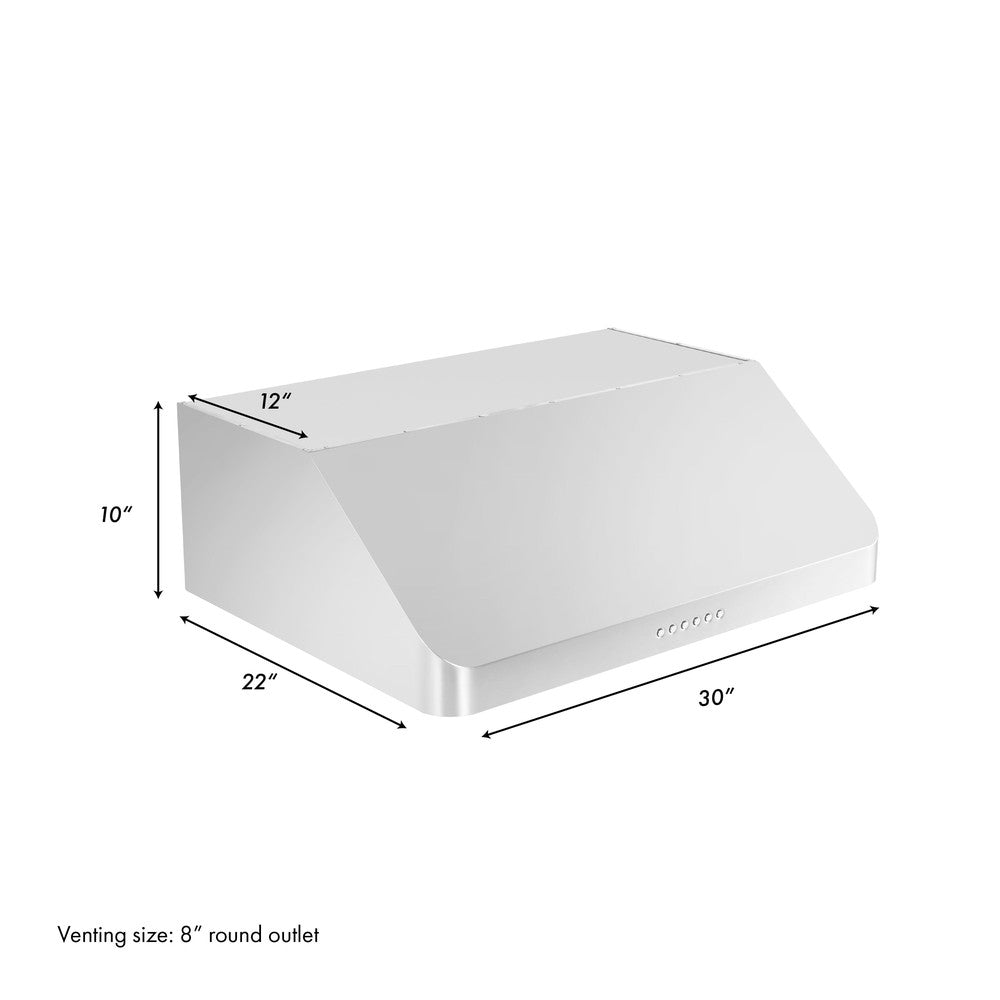 ZLINE Alpine Series Ducted Under Cabinet Range Hood in Stainless Steel (ALP10UC) dimensional diagram with measurements.