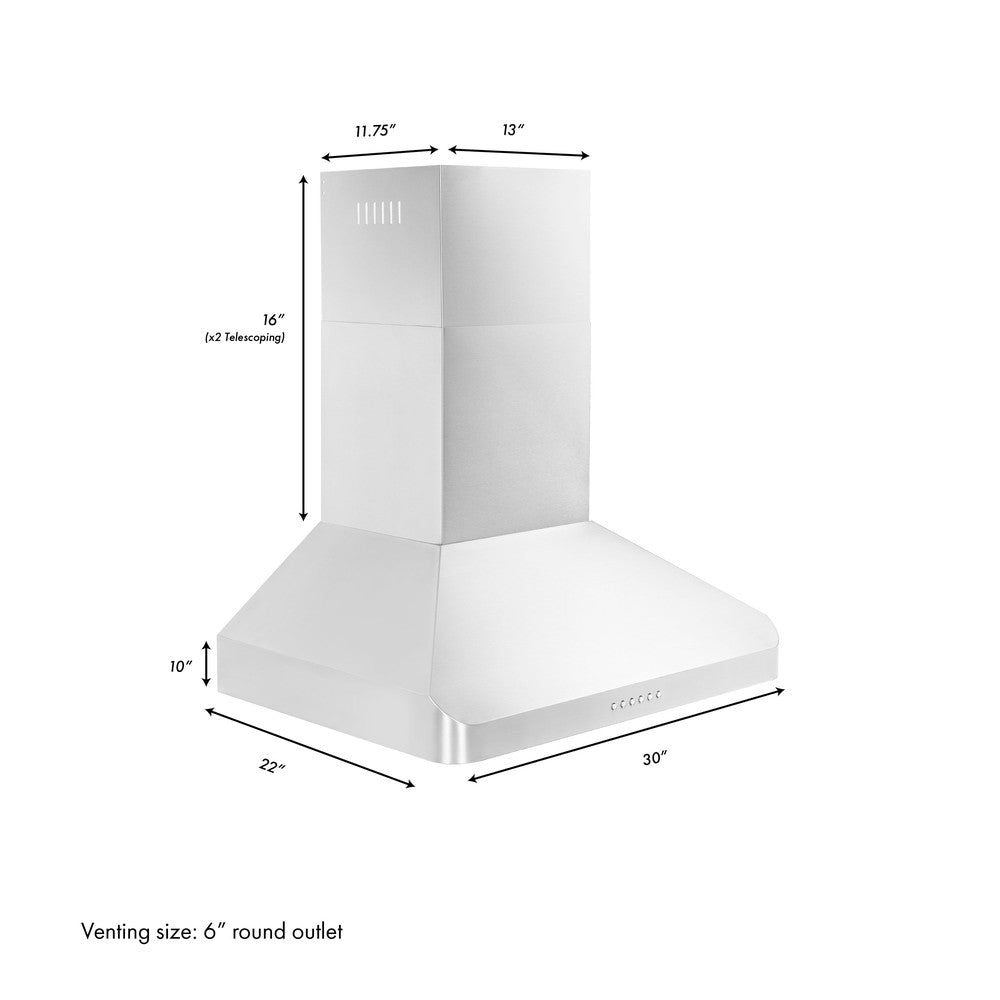 ZLINE Alpine Series Ducted Wall Mount Range Hood in Stainless Steel (ALP100WL) dimensional diagram and measurements.