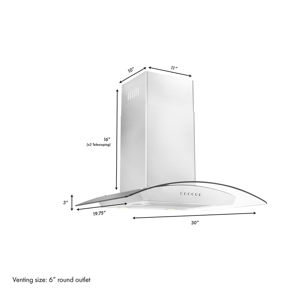 ZLINE Alpine Series Ducted Wall Mount Range Hood in Stainless Steel (ALP70WL) dimensional diagram and measurements.