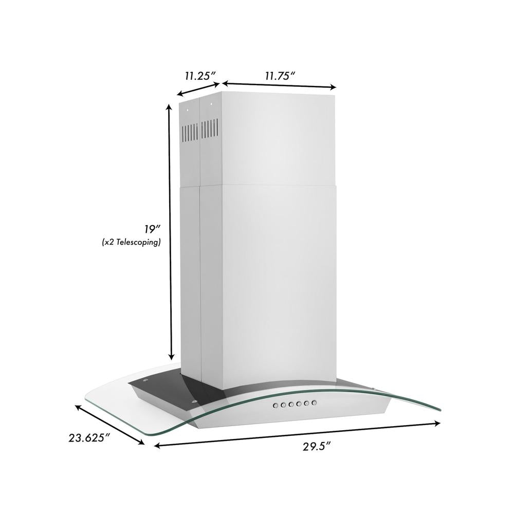 ZLINE Alpine Series Convertible Island Mount Range Hood in Stainless Steel (ALP70IS) dimensional diagram and measurements.
