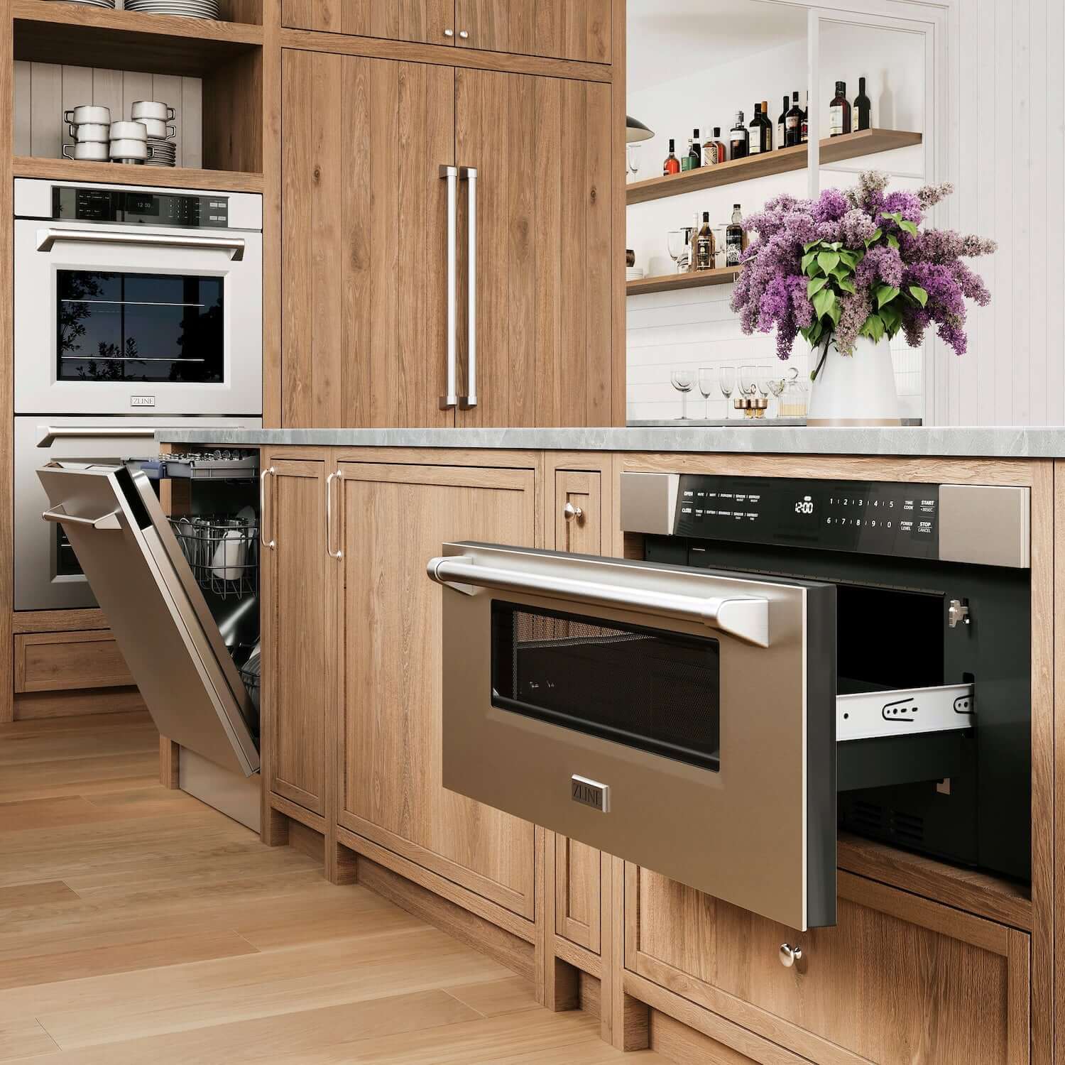 ZLINE double wall oven, dishwasher, and microwave drawer built-in to wood cabinetry in a kitchen.
