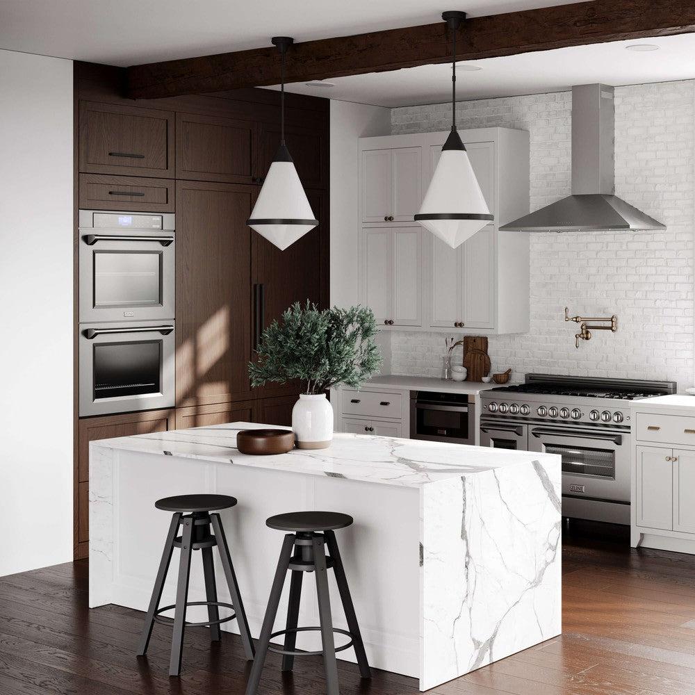 ZLINE 30 in. Professional Electric Double Wall Oven with Self Clean and True Convection in Stainless Steel (AWD-30) in a rustic white and wood kitchen.