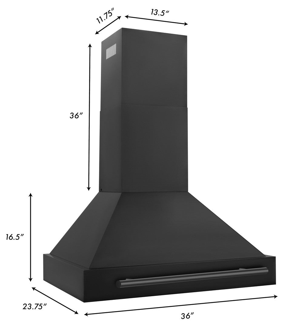 ZLINE Black Stainless Steel Range Hood with Black Stainless Steel Handle 36" size dimensions.