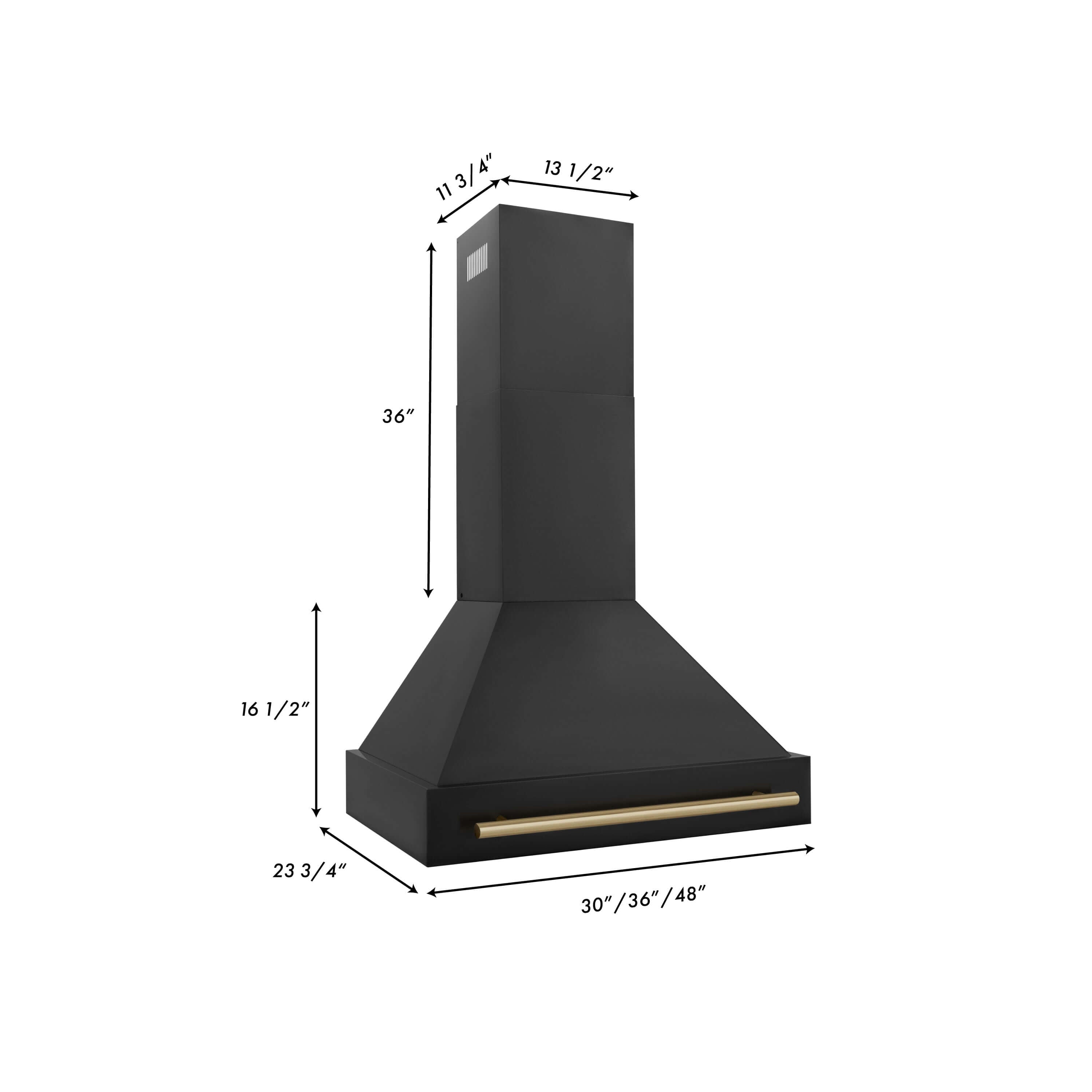ZLINE Autograph Edition 30" Black Stainless Steel Range Hood with Champagne Bronze handle (BS655Z-30-CB) dimensional measurements.