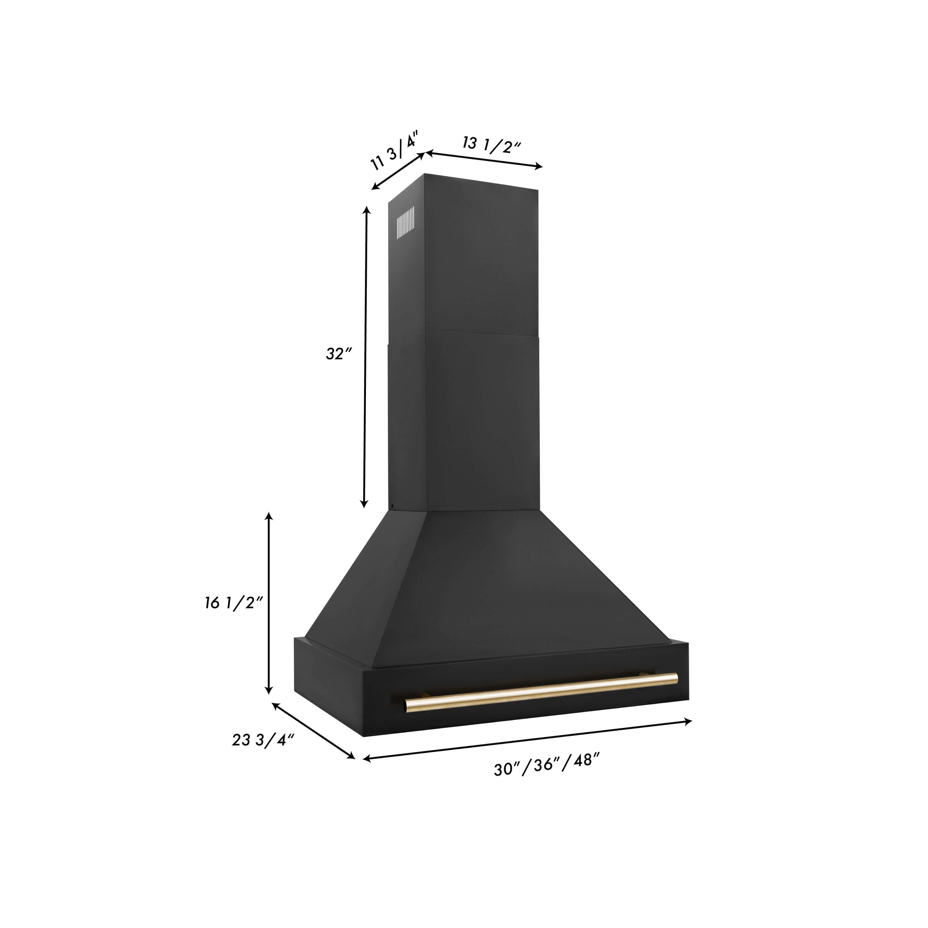 ZLINE 30" Black Stainless Steel Wall Mount Range Hood with Polished Gold accents dimensions.