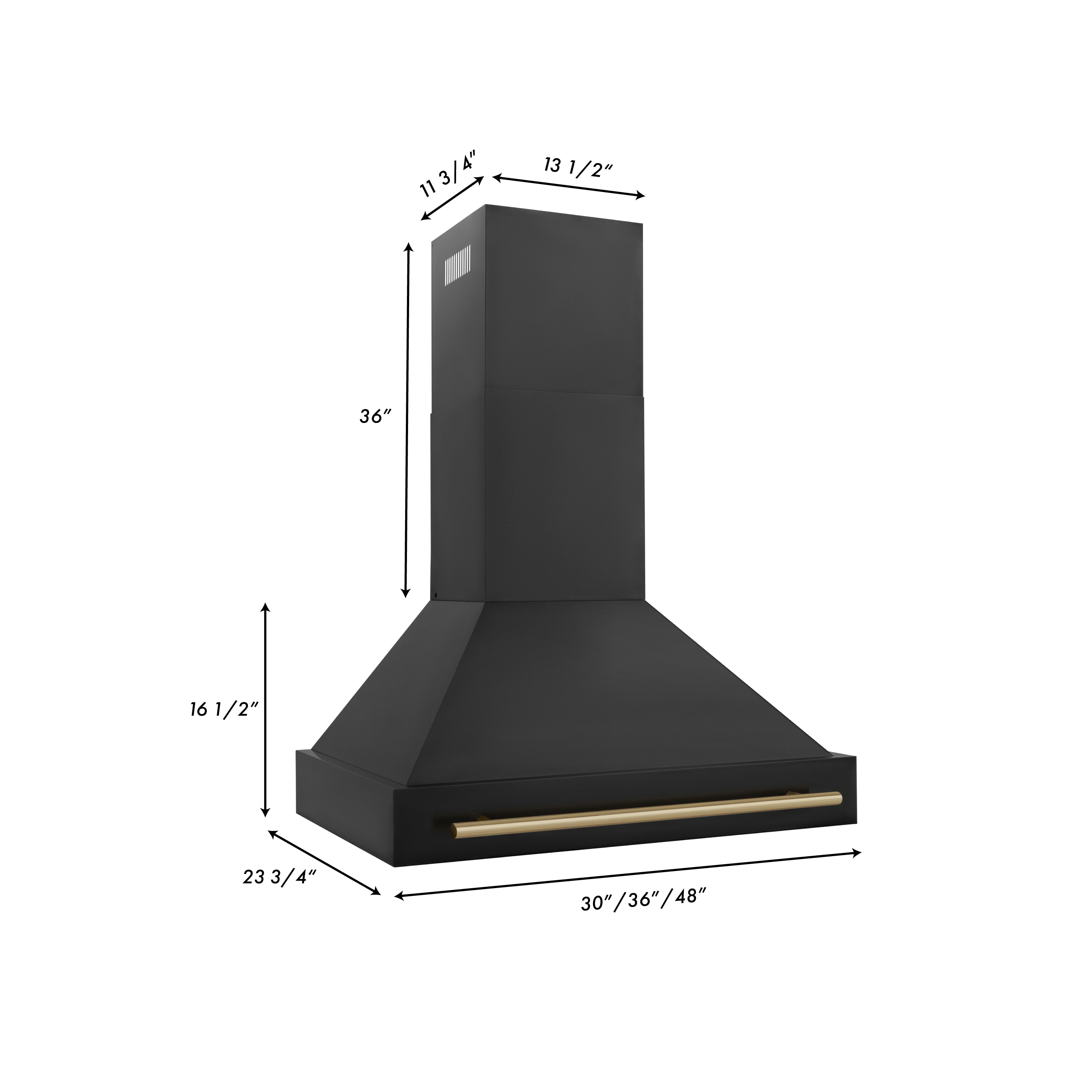 ZLINE Autograph Edition 36 in. Kitchen Package with Black Stainless Steel Dual Fuel Range, Range Hood and Dishwasher with Champagne Bronze Accents (3AKP-RABRHDWV36-CB) dimensional diagram with measurements.