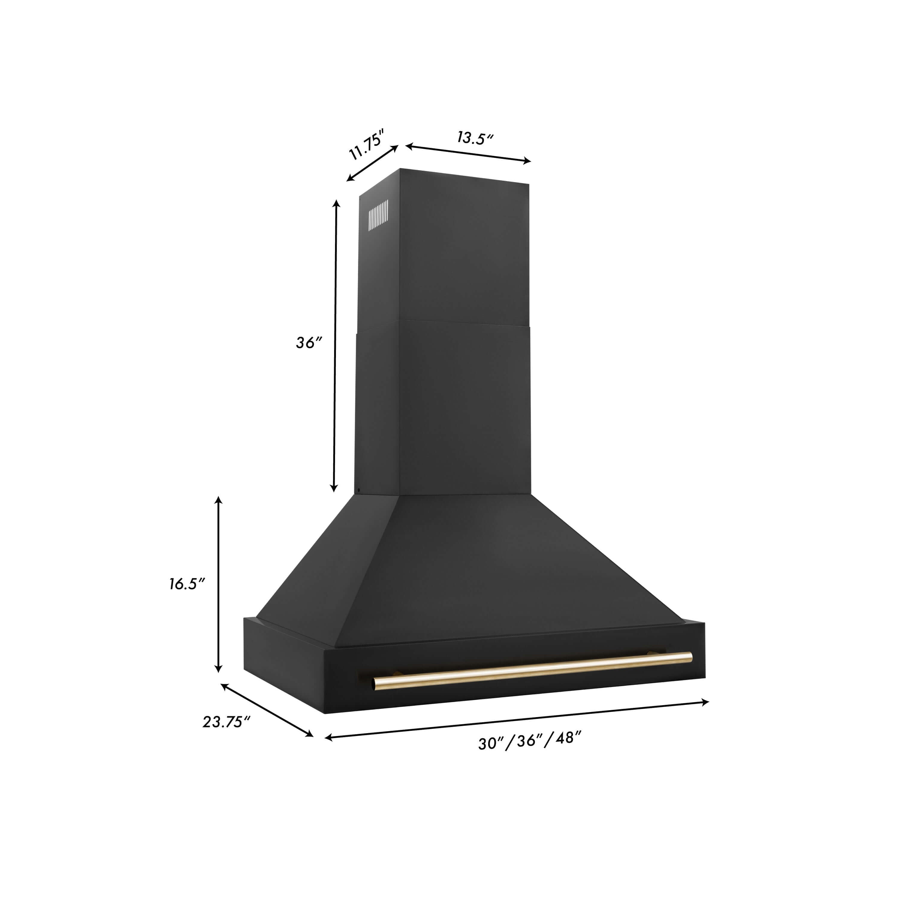 ZLINE Autograph Edition 36 in. Kitchen Package with Black Stainless Steel Dual Fuel Range and Range Hood with Polished Gold Accents (2AKP-RABRH36-G) dimensional diagram with measurements.