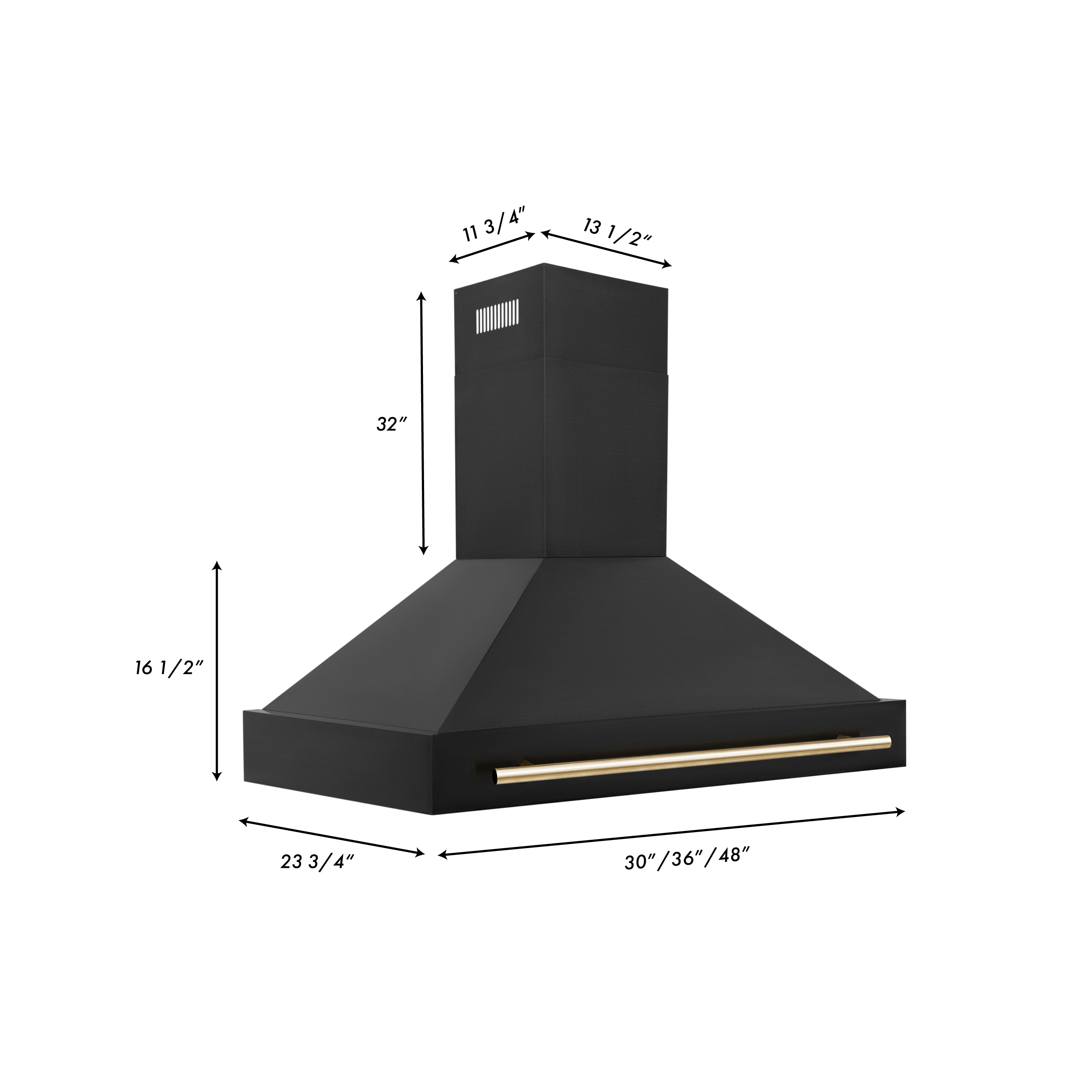 ZLINE Autograph Edition 48 in. Kitchen Package with Black Stainless Steel Dual Fuel Range, Range Hood and Dishwasher with Polished Gold Accents (3AKP-RABRHDWV48-G) dimensional diagram with measurements.