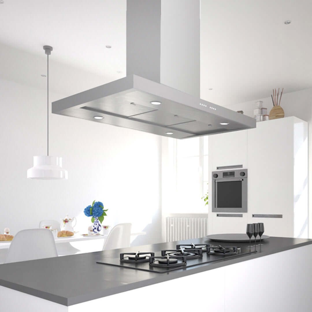 Faber Bella Isola Island Mount Range Hood with Size Options in Stainless Steel