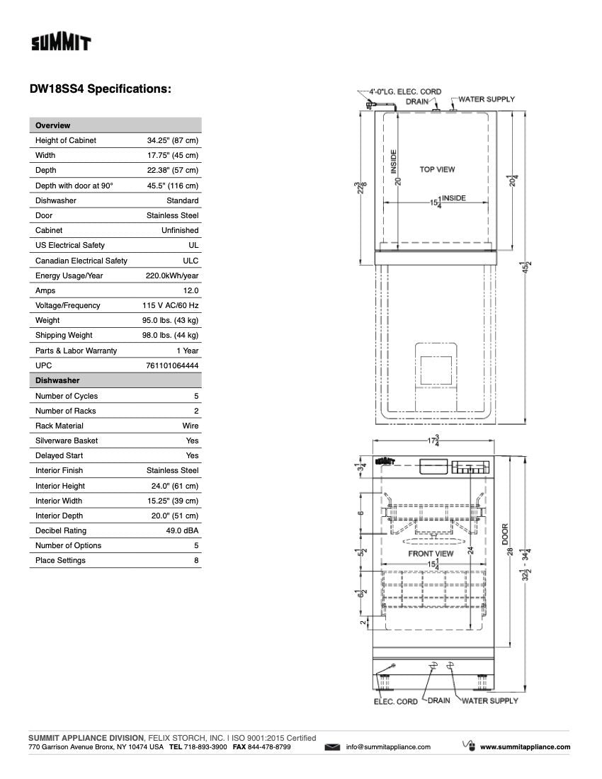 SUMMIT 18" Wide Built-In Dishwasher (DW18SS4)