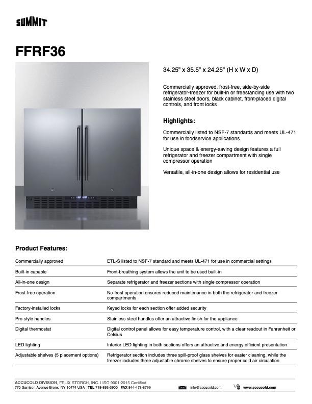 SUMMIT 36 in. Built-In Side-by-Side Refrigerator-Freezer (FFRF36)
