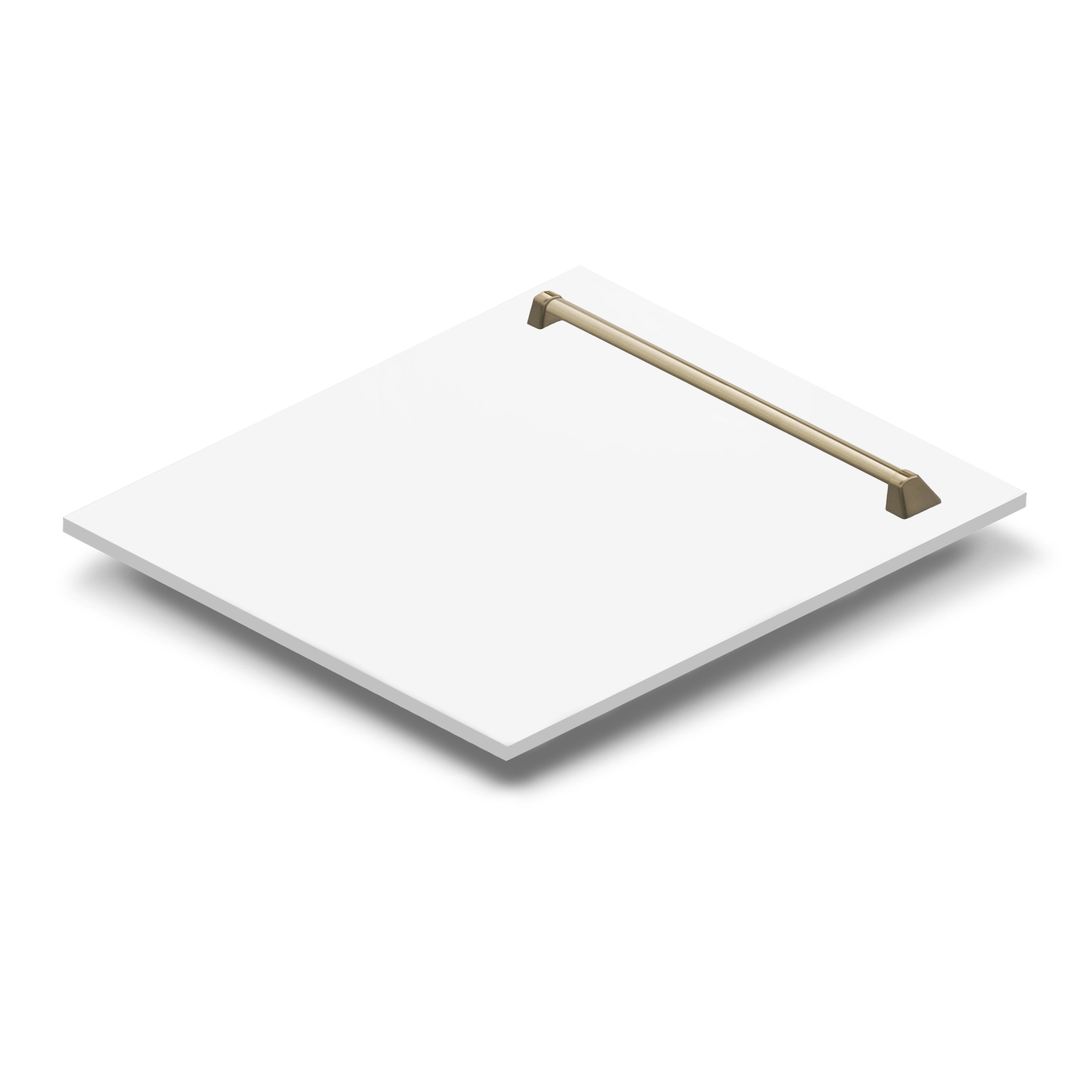 ZLINE 24 in. Autograph Edition Tallac Dishwasher Panel in White Matte with Champagne Bronze handle side.