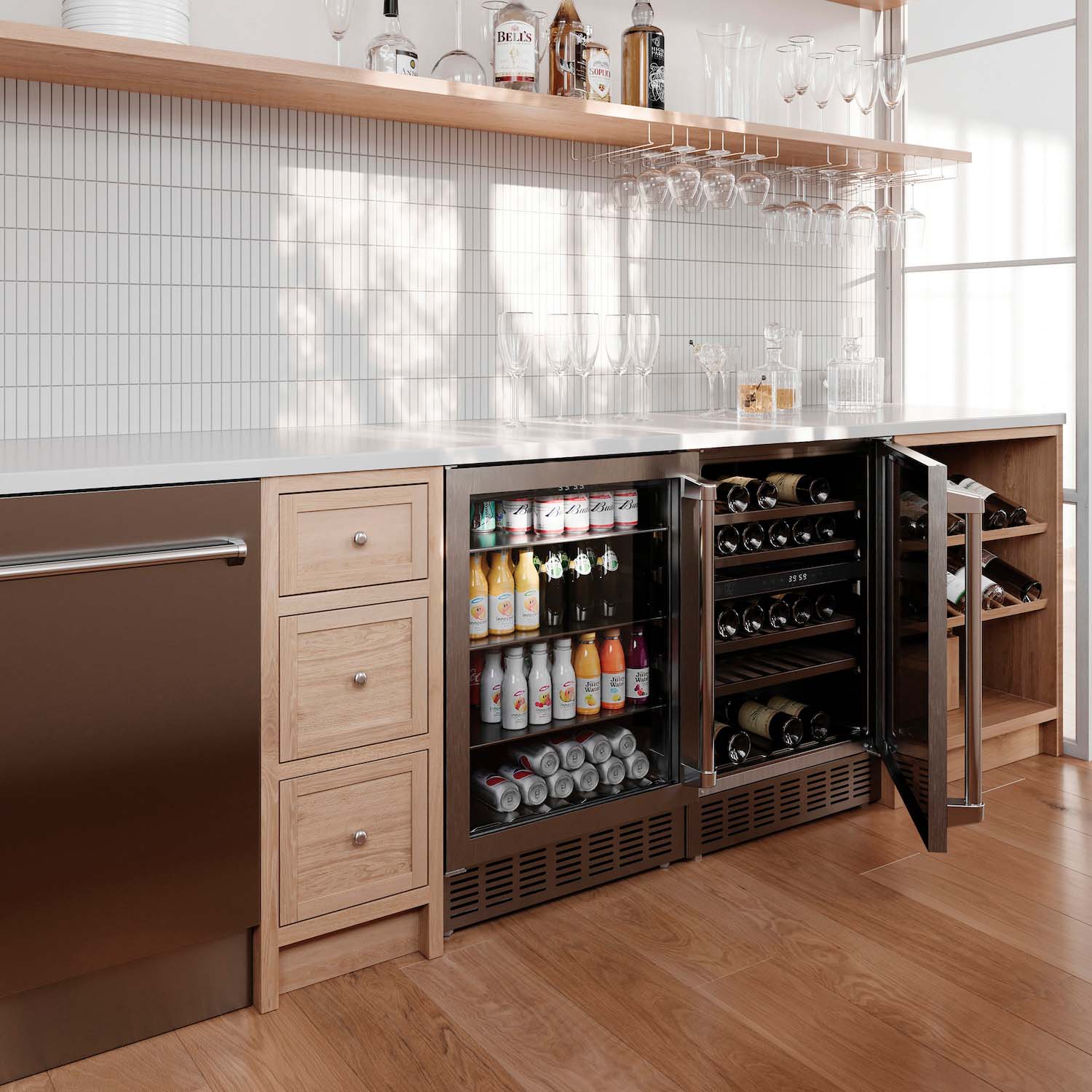 ZLINE 24 in. Monument 154 Can Beverage Fridge in Stainless Steel (RBV-US-24) and ZLINE 24 In. Monument Dual Zone 44-Bottle Wine Cooler in Stainless Steel with Wood Shelf (RWV-UD-24) side-by-side in a wood themed pantry and mini bar area with wine cooler door open.
