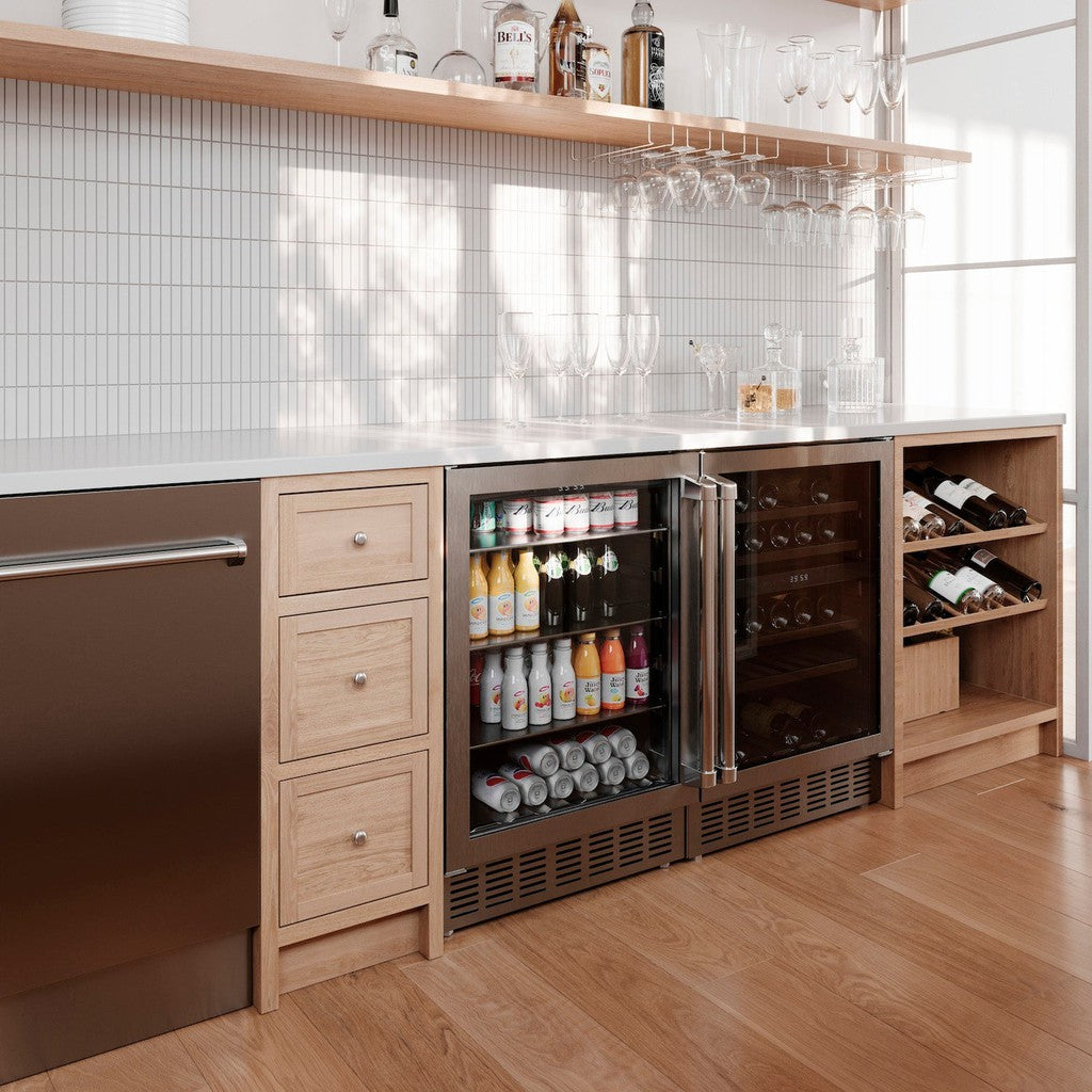 ZLINE Kitchen Package with 24" Wine Cooler and 24" Beverage Fridge in a custom built-in mini bar area.