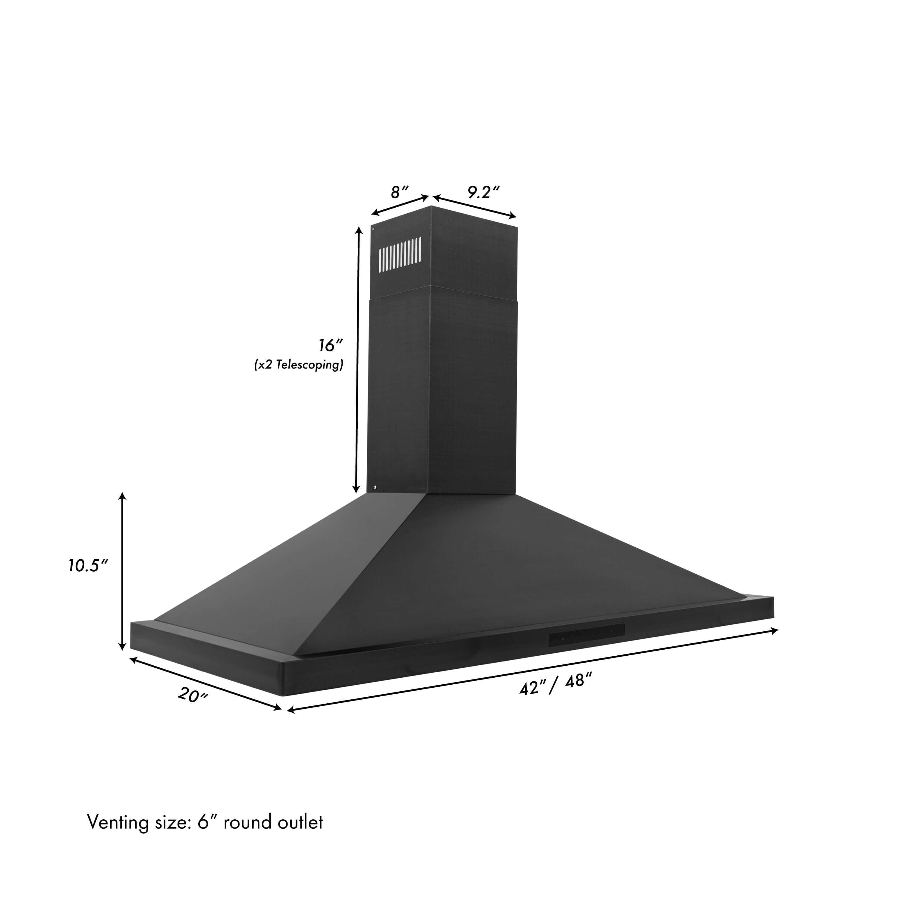 ZLINE 48 in. Recirculating Wall Mount Range Hood with Charcoal Filters in Black Stainless Steel (BSKBN-CF-48) dimensional diagram with measurements.