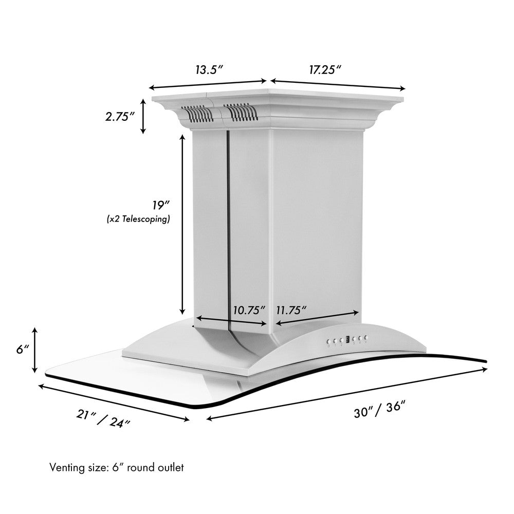 ZLINE Island Mount Range Hood in Stainless Steel with Built-in ZLINE CrownSound Bluetooth Speakers (GL9iCRN-BT) dimensional diagram and measurements.