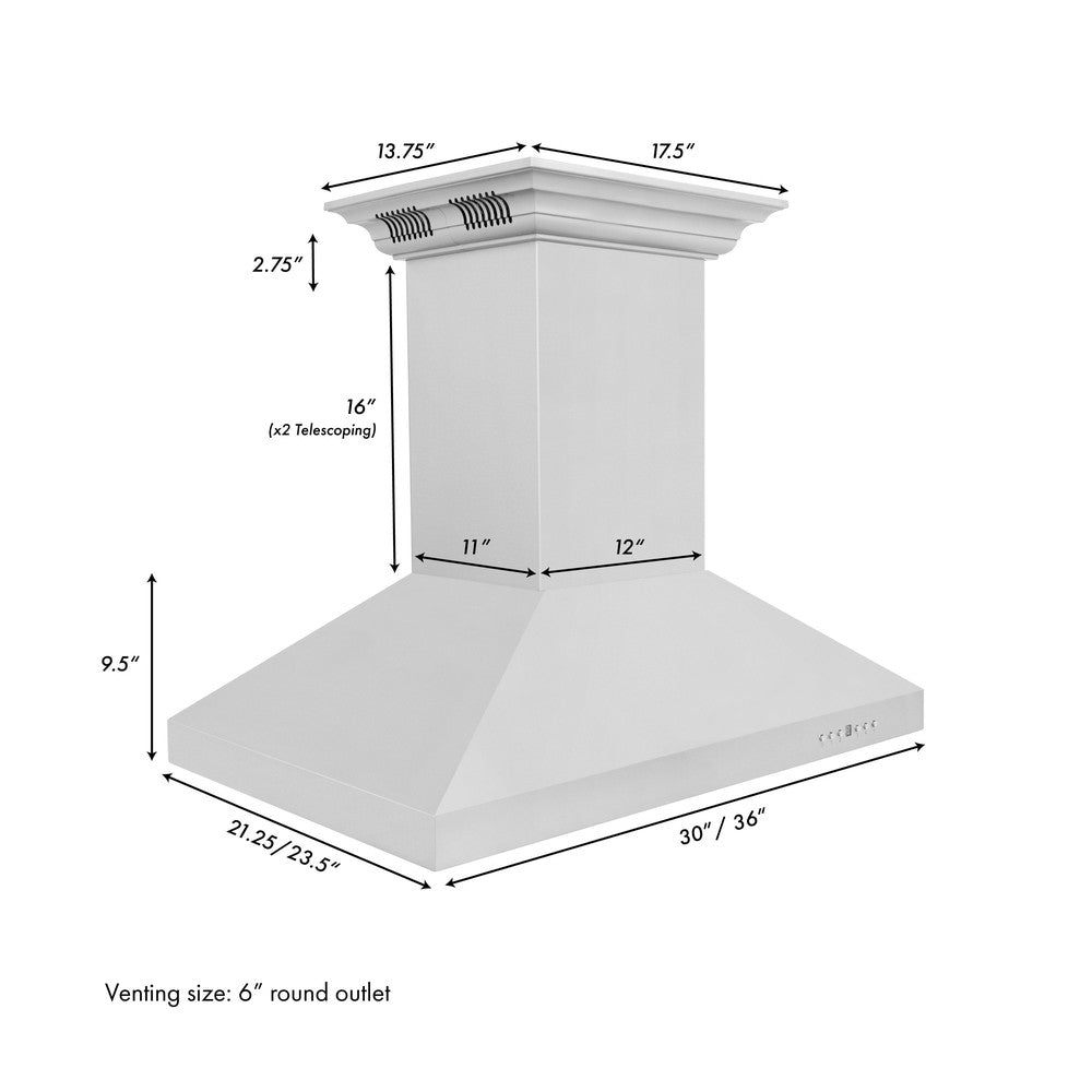 ZLINE Island Mount Range Hood in Stainless Steel with Built-in ZLINE CrownSound Bluetooth Speakers (KL3iCRN-BT) dimensional diagram and measurements.