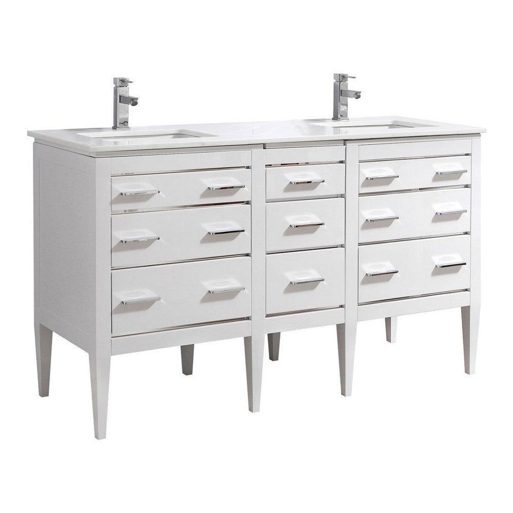 KubeBath Eiffel 60 in. Double Sink Vanity with Quartz Counter Top and White Lacquer Cabinets
