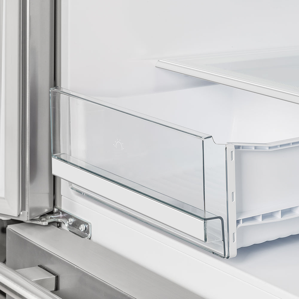 Forno Moena - 36 in. 19 cu.ft French Door Counter Depth Refrigerator in Stainless Steel (FFRBI1820-36SB) Left Refrigerator Drawer open