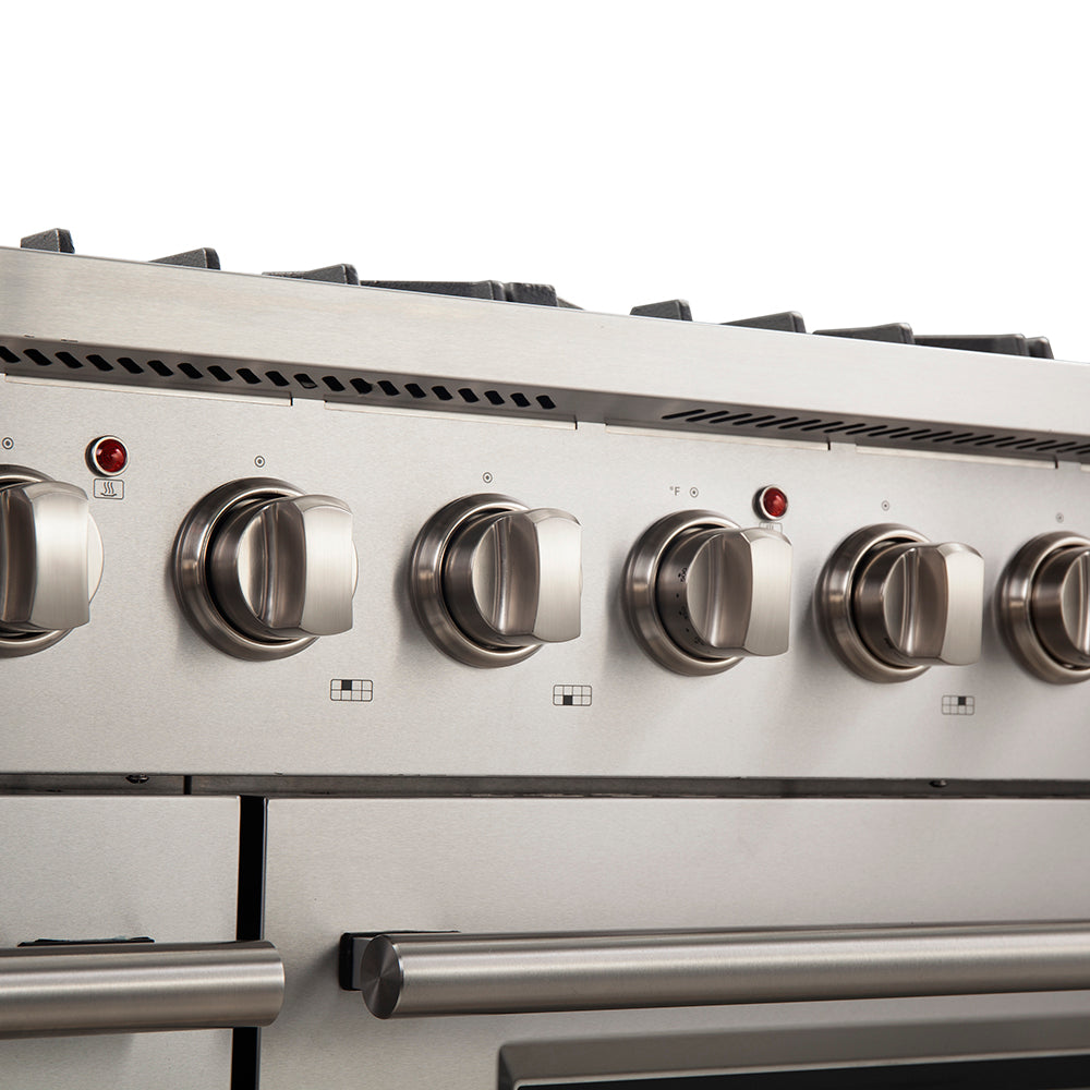 Forno Galiano Professional 48 in. Range in Stainless Steel (FFSGS6244-48) Oven and Range Knobs Close Up