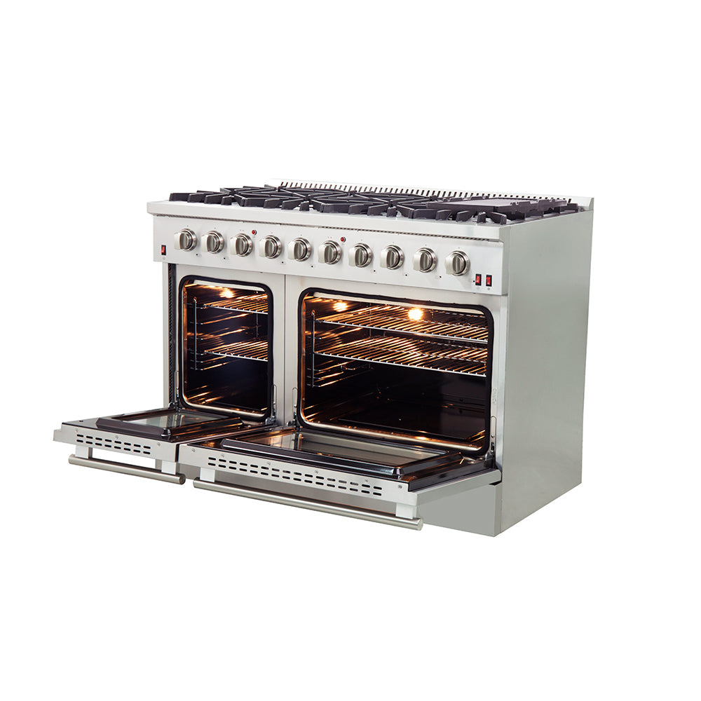 Forno Galiano Professional 48 in. Range in Stainless Steel (FFSGS6244-48) Side View Oven Doors Open