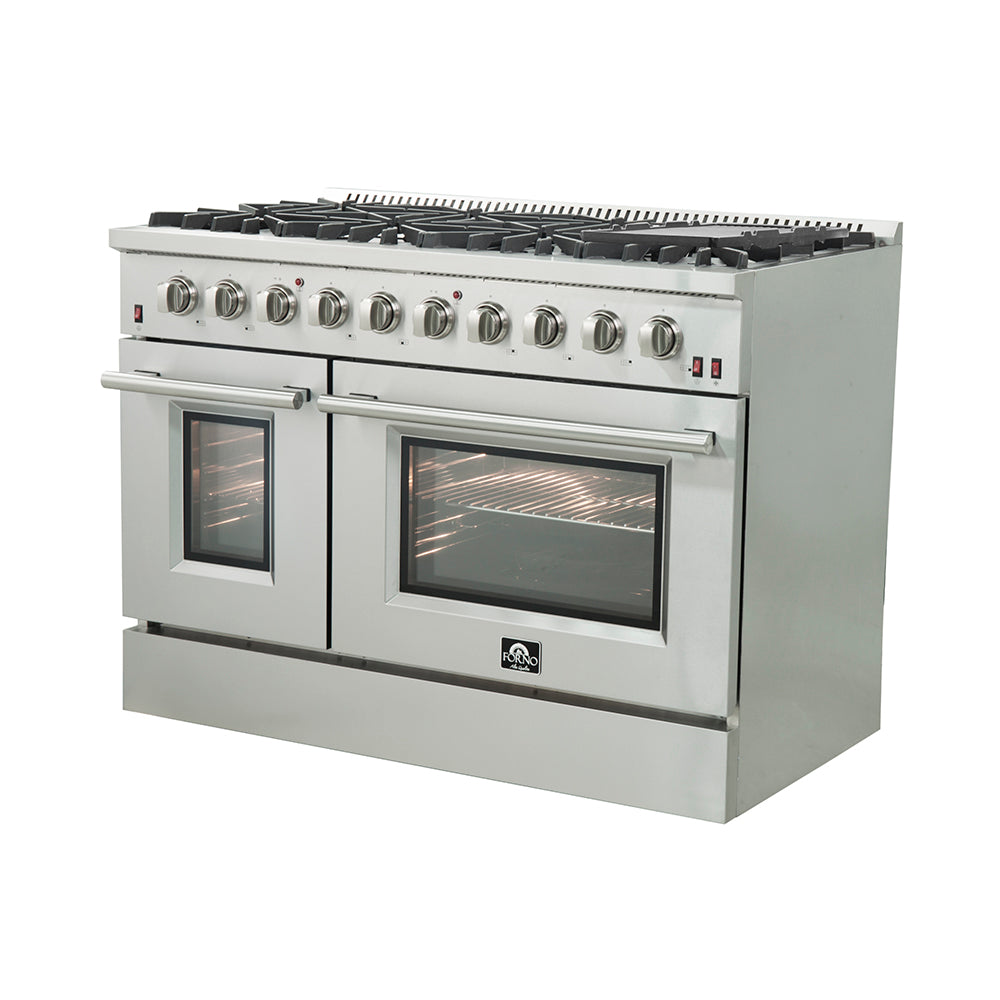 Forno Galiano Professional 48 in. Range in Stainless Steel (FFSGS6244-48) Side View Oven Lights Activated