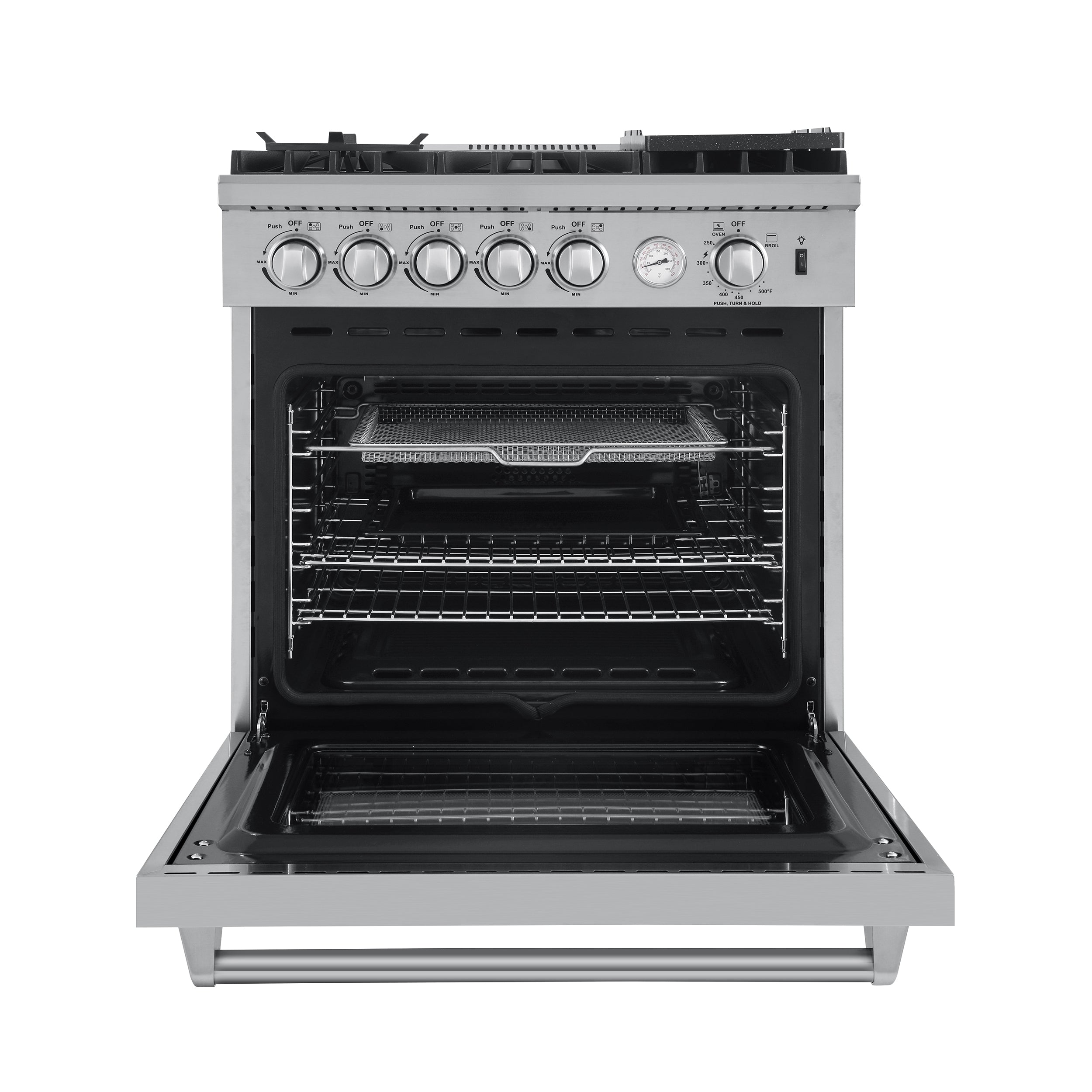 Forno Lazio - 30 in. 4.23 cu. ft. All Gas Range with 5 Sealed Burner, Air Fryer Basket, and Griddle in Stainless Steel (FFSGS6276-30) Front View Oven Open