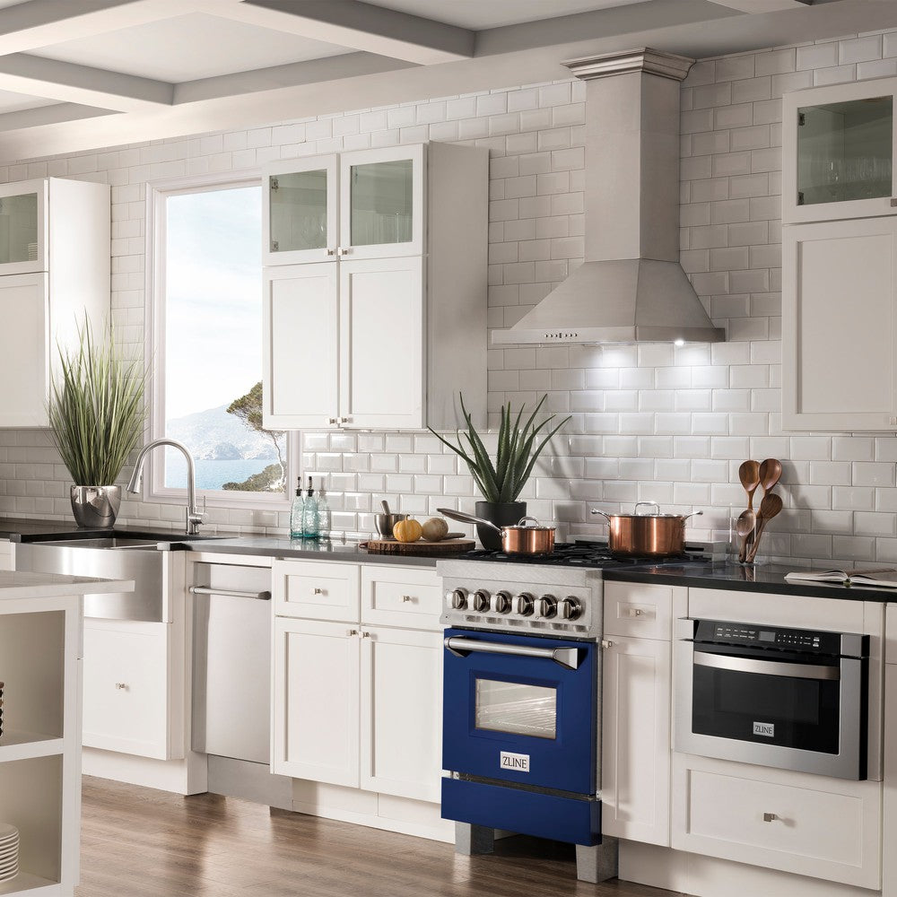 ZLINE 24 in. 2.8 cu. ft. Legacy Dual Fuel Range with 4 Burner Gas Cooktop and Electric Convection Oven in DuraSnow® Stainless Steel and Blue Gloss Door (RAS-BG-24) in a luxury kitchen with matching appliances.