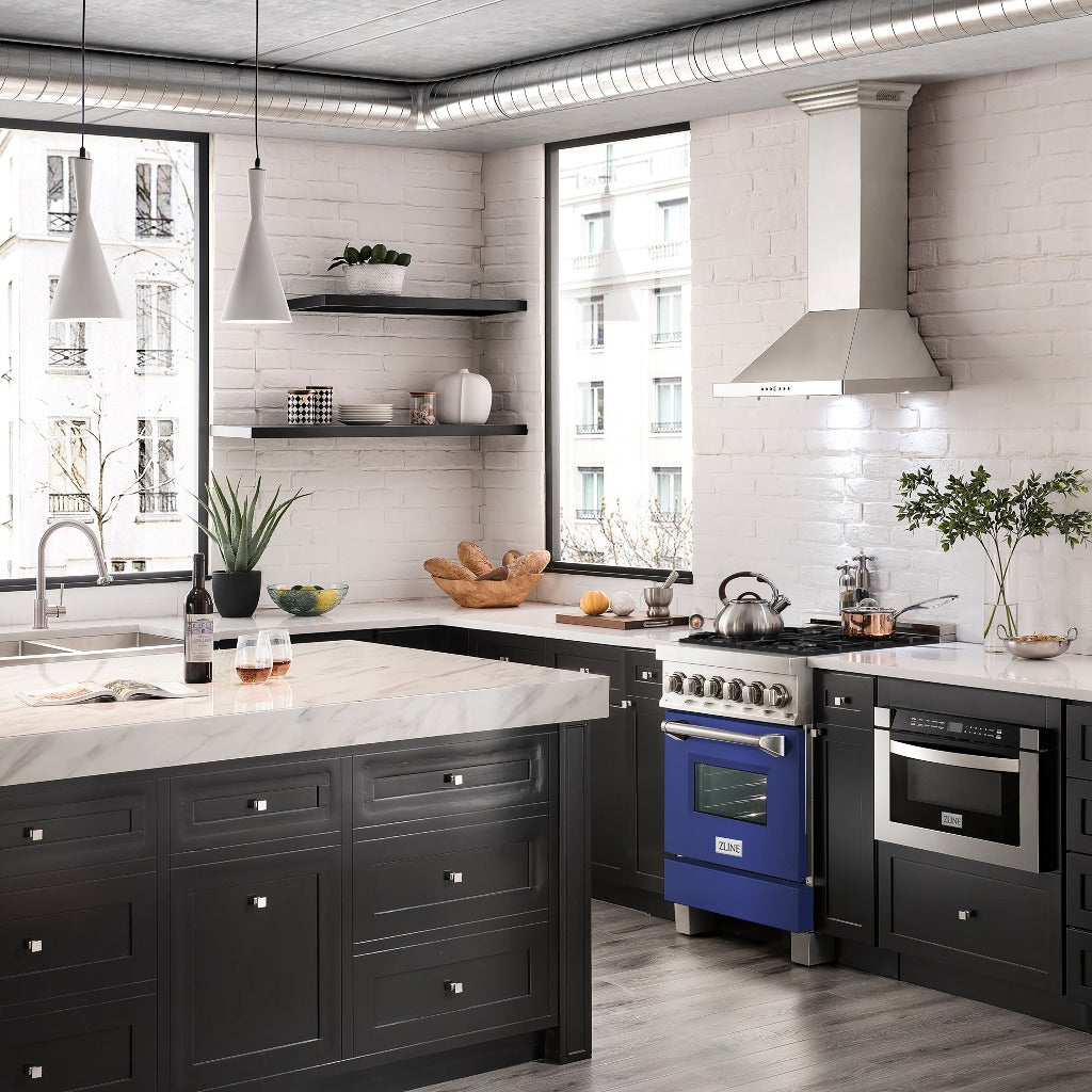 ZLINE 24 in. Professional Dual Fuel Range in Fingerprint Resistant Stainless Steel with Blue Matte Door (RAS-BM-24) in a luxury modern-style compact kitchen from side.