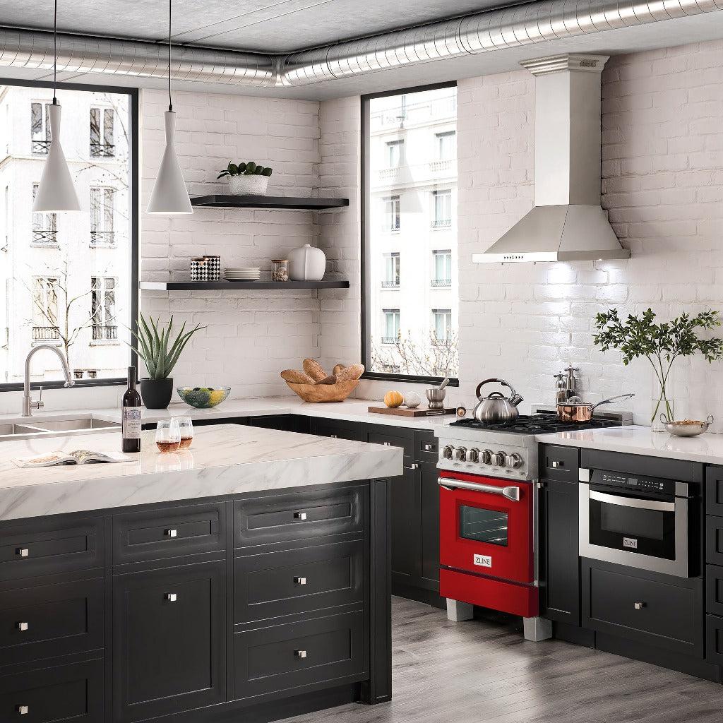 ZLINE 24 in. 2.8 cu. ft. Legacy Dual Fuel Range with 4 Burner Gas Cooktop and Electric Convection Oven in DuraSnow® Stainless Steel and Red Matte Door (RAS-RM-24) in a luxury kitchen with matching appliances.