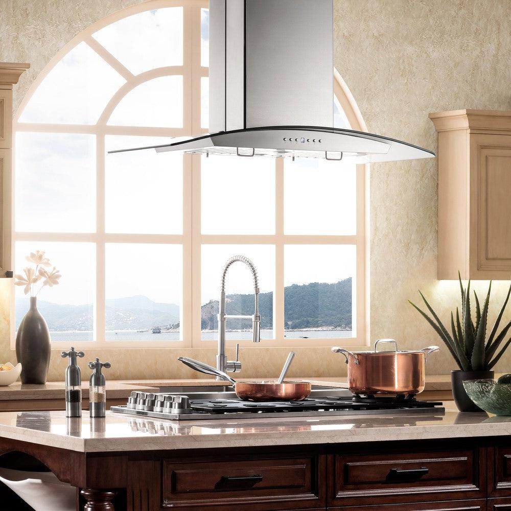 Island mount range hood in a rustic kitchen