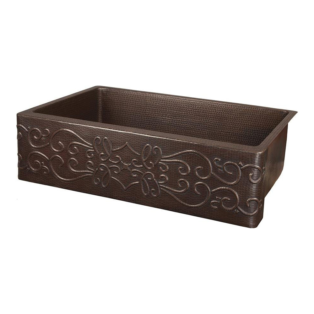 Premier Copper 30 in. Apron Front Single Basin Kitchen Sink with Scroll Design in Hammered Copper Finish