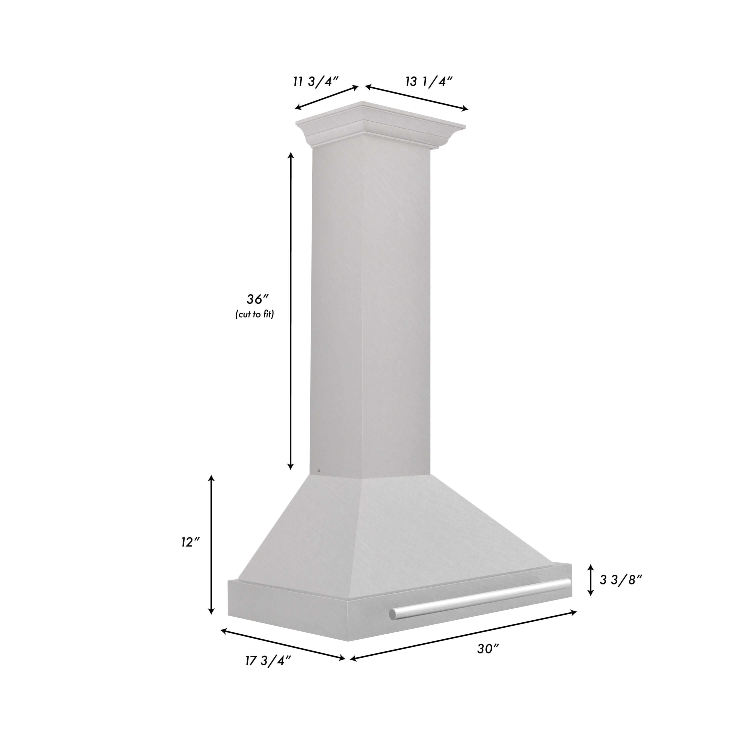 ZLINE 30 in. Convertible Fingerprint Resistant DuraSnow® Stainless Steel Range Hood with Colored Shell Options and Stainless Steel Handle (KB4SNX-30) dimensional diagram and measurements.