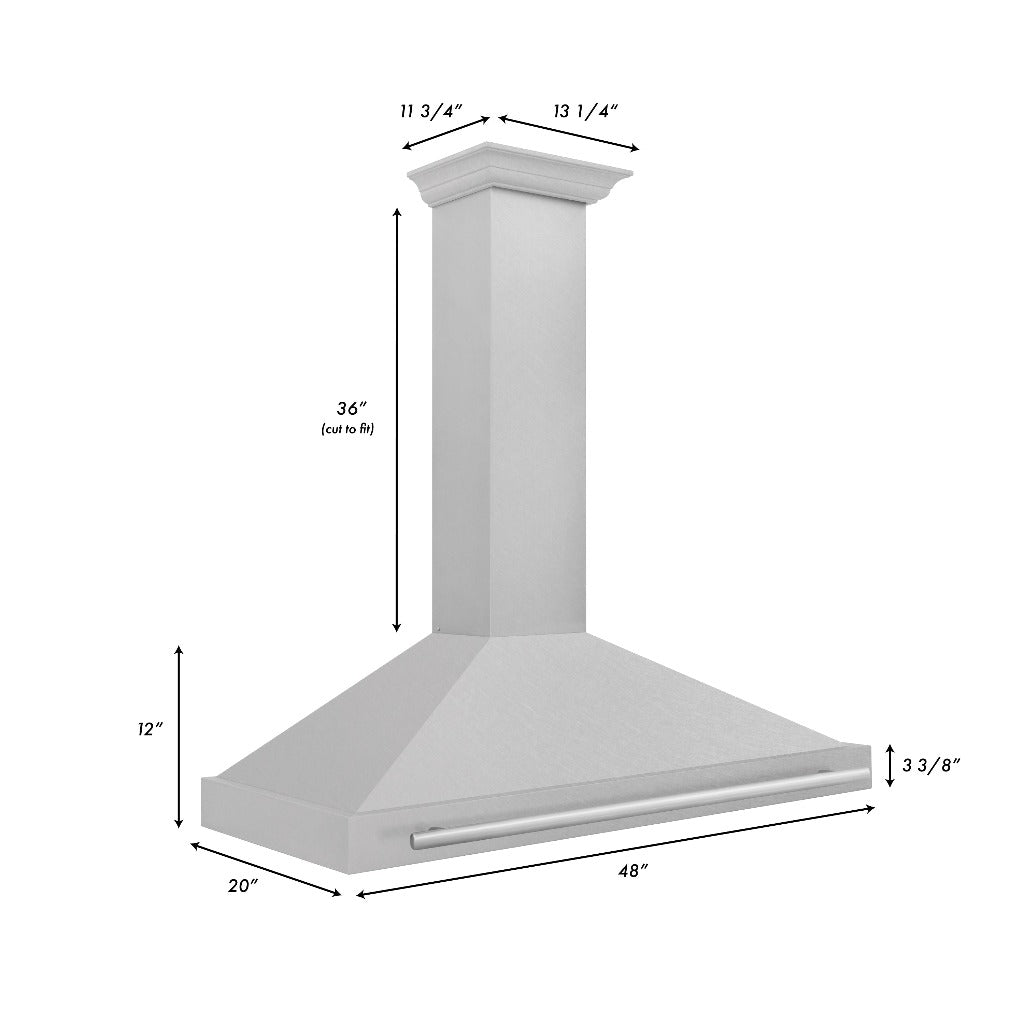 ZLINE 48 in. Convertible Fingerprint Resistant DuraSnow® Stainless Steel Range Hood with Colored Shell Options and Stainless Steel Handle (KB4SNX-48) dimensional diagram and measurements.