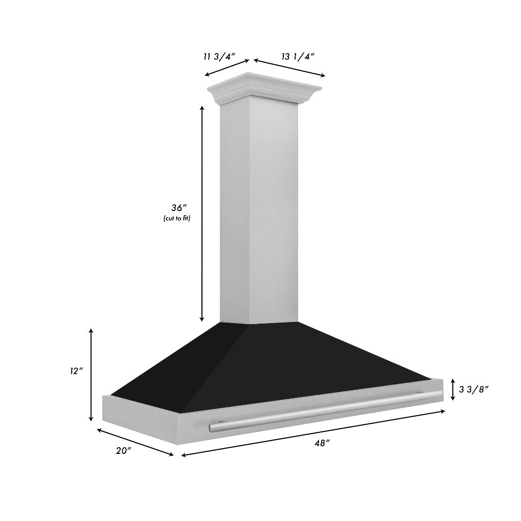 ZLINE 48 in. Convertible Fingerprint Resistant DuraSnow® Stainless Steel Range Hood with Colored Shell Options and Stainless Steel Handle (KB4SNX-48) dimensional diagram and measurements.