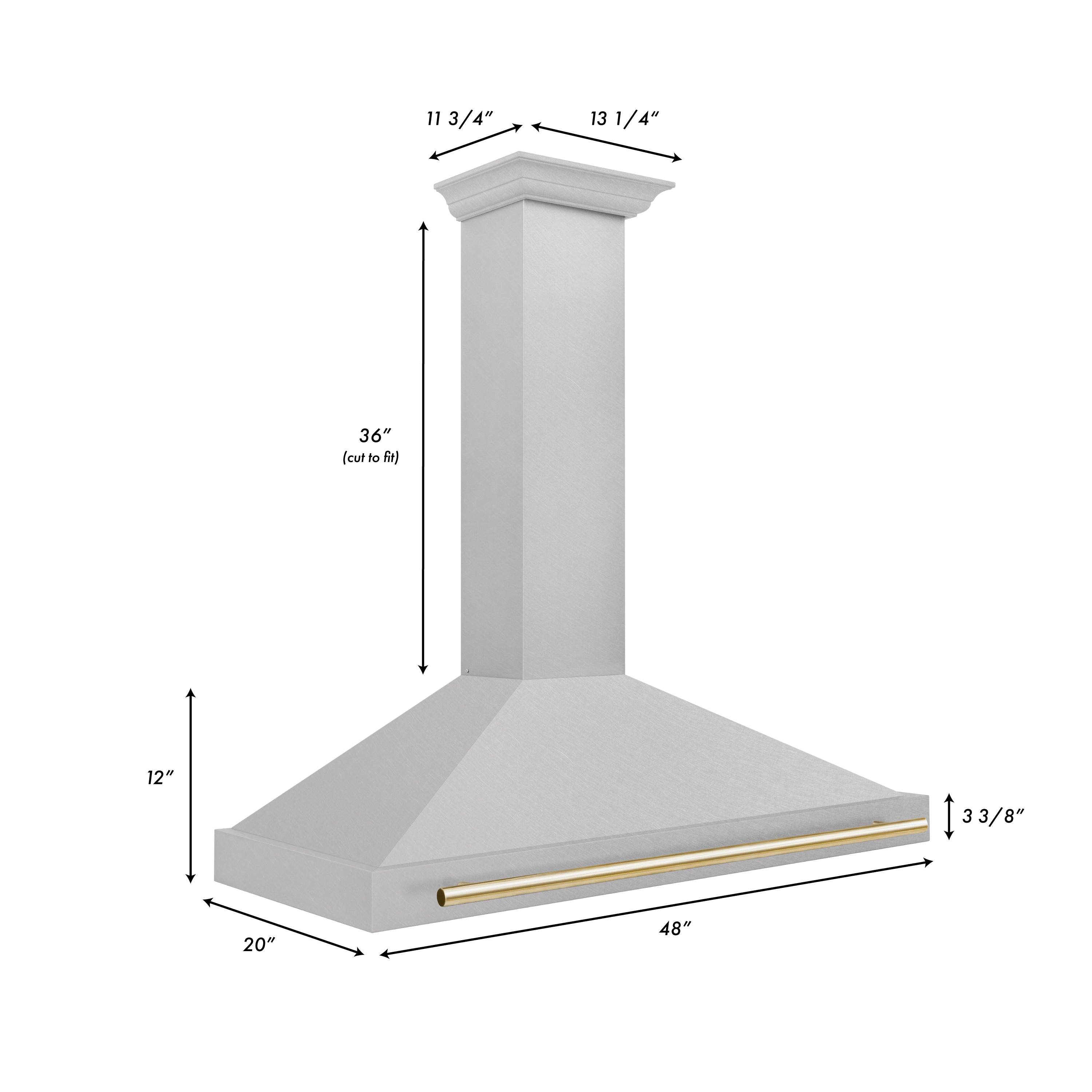 ZLINE 48 in. Autograph Edition DuraSnow Stainless Steel Range Hood with Polished Gold Accents dimensions.