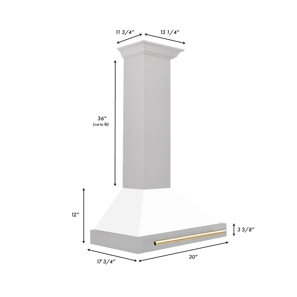 ZLINE Autograph Edition 30 in. Fingerprint Resistant Stainless Steel Range Hood with White Matte Shell and Accented Handle (KB4SNZ-WM30) dimensional diagram and measurements.