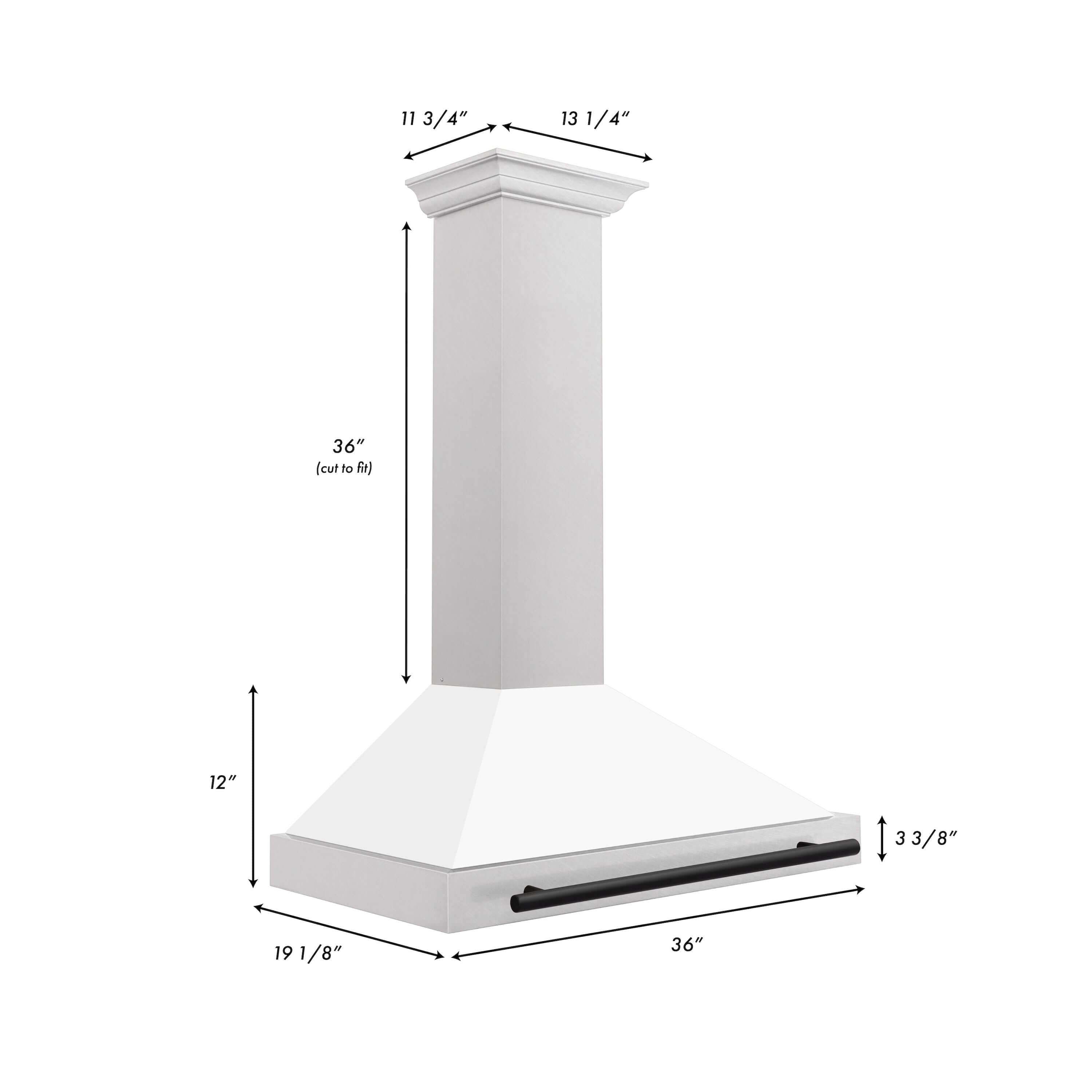 ZLINE Autograph Edition 36 in. Range Hood in Fingerprint Resistant Stainless Steel with White Matte Shell and Accented Handle (KB4SNZ-WM36) dimensional diagram and measurements.