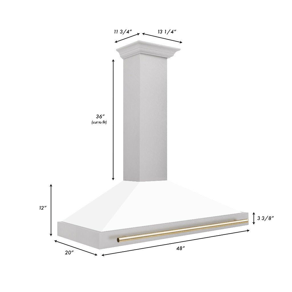 ZLINE Autograph Edition 48 in. Fingerprint Resistant Stainless Steel Range Hood with White Matte Shell and Accented Handles (KB4SNZ-WM48) dimensional diagram and measurements.