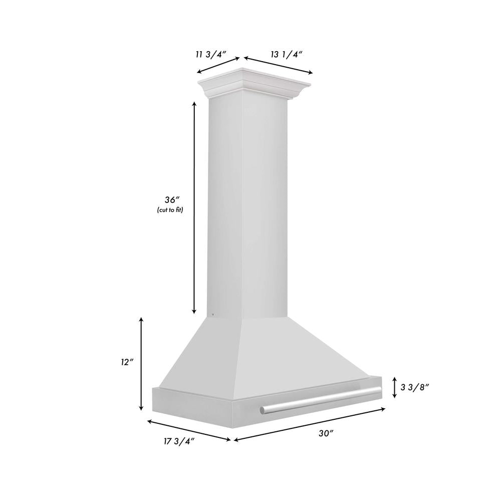 ZLINE 30 in. Stainless Steel Range Hood with Stainless Steel Handle and Colored Shell Options (KB4STX-30) dimensional diagram and measurements.