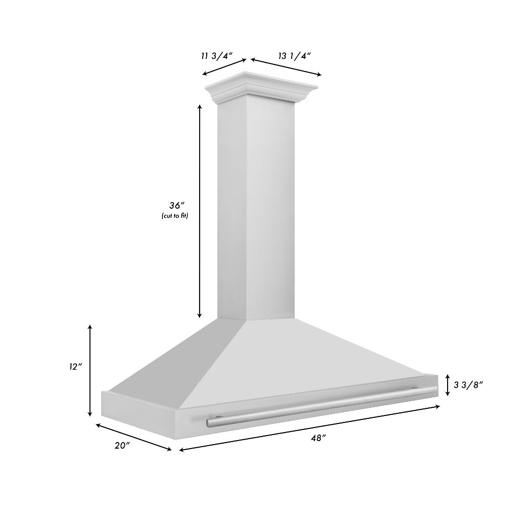 ZLINE 48 in. Stainless Steel Range Hood with Stainless Steel Handle and Colored Shell Options (KB4STX-48) dimensional diagram and measurements.