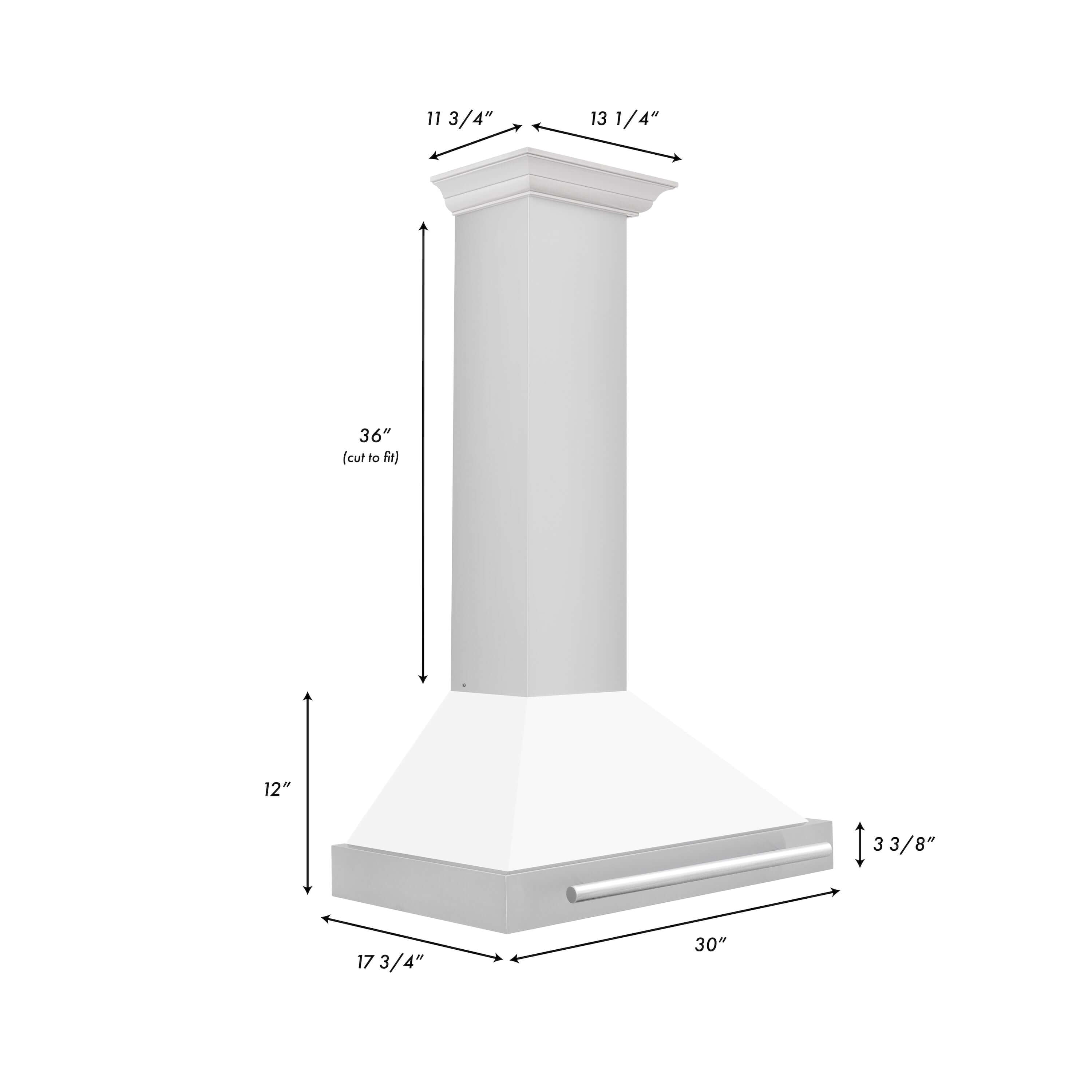 ZLINE 30 in. Stainless Steel Range Hood with Stainless Steel Handle and Colored Shell Options (KB4STX-30) dimensional diagram and measurements.