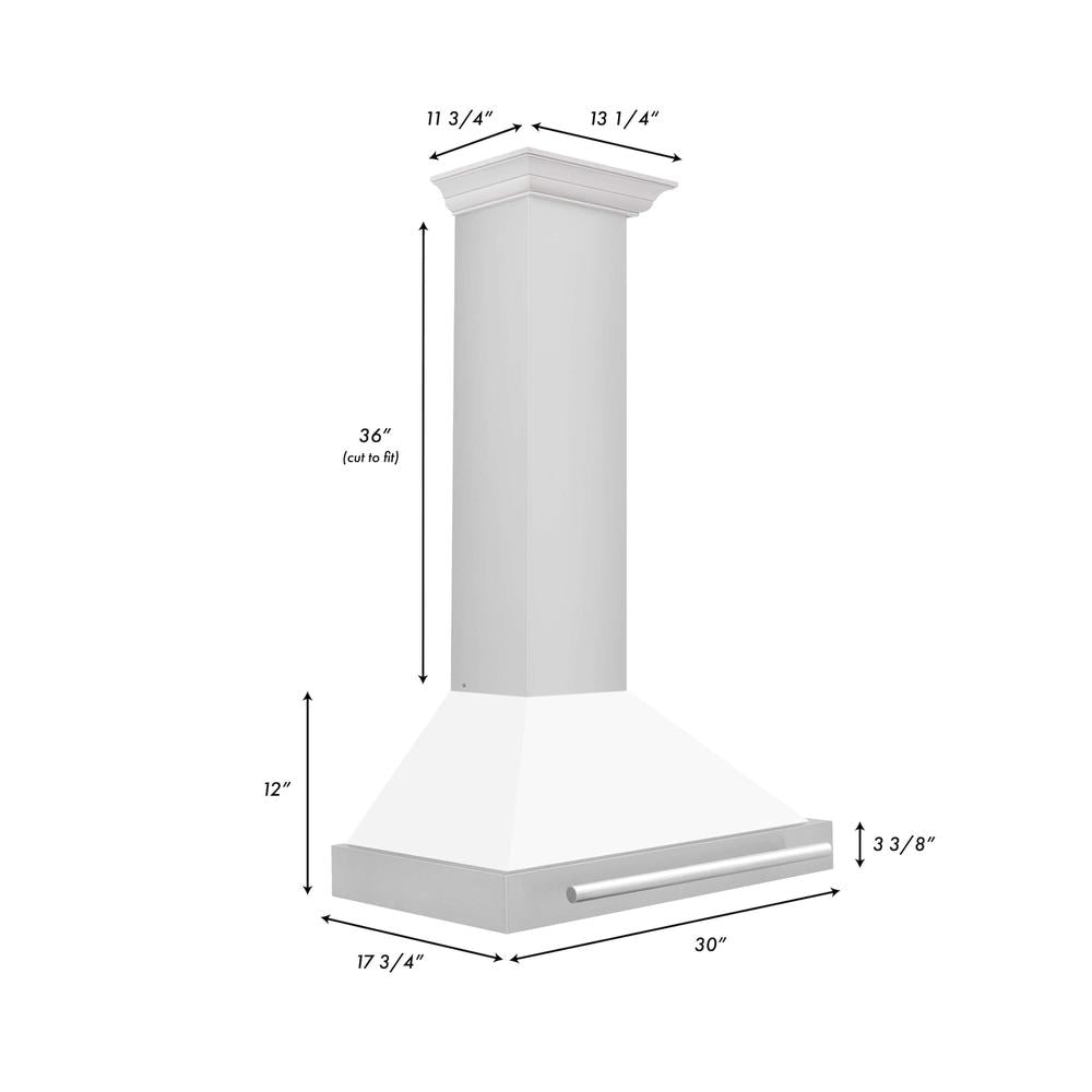 ZLINE 30 in. Stainless Steel Range Hood with Stainless Steel Handle and Colored Shell Options (KB4STX-30) dimensional diagram and measurements.