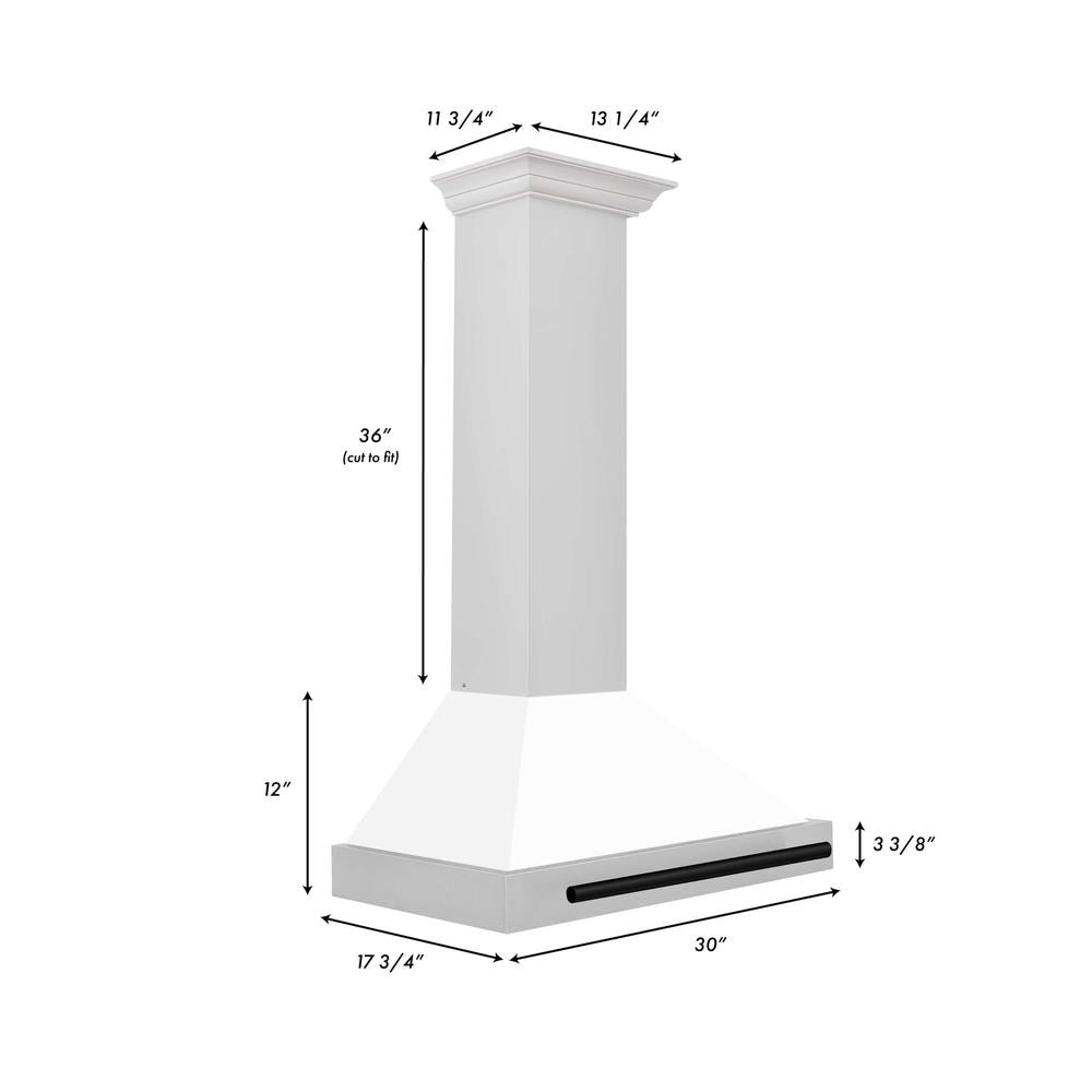 ZLINE Autograph Edition 30 in. Stainless Steel Range Hood with White Matte Shell and Accents (KB4STZ-WM30) dimensional diagram and measurements.