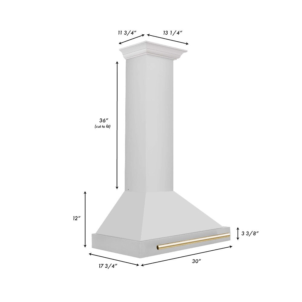 ZLINE Autograph Edition 30 in. Stainless Steel Range Hood with Stainless Steel Shell and Accents (KB4STZ-30) dimensional diagram and measurements.