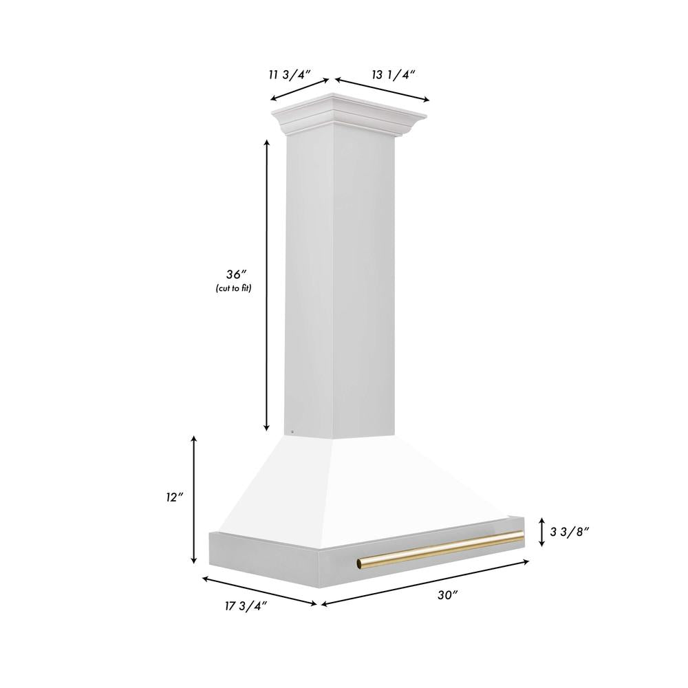 ZLINE Autograph Edition 30 in. Stainless Steel Range Hood with White Matte Shell and Accents (KB4STZ-WM30) dimensional diagram and measurements.