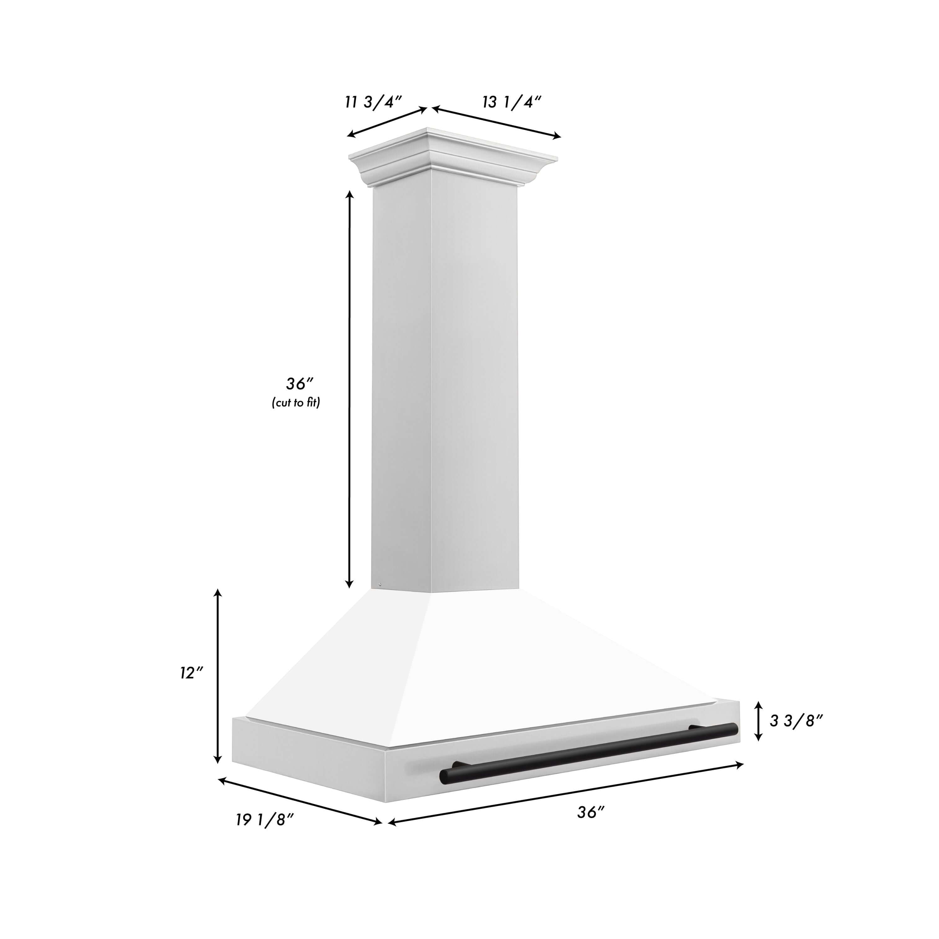 ZLINE Autograph Edition 36 in. Stainless Steel Range Hood with White Matte Shell and Accents (KB4STZ-WM36) dimensional diagram and measurements.
