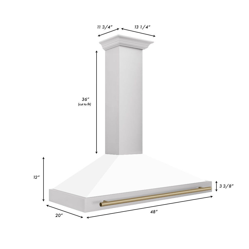 ZLINE Autograph Edition 48 in. Stainless Steel Range Hood with White Matte Shell and Accents (KB4STZ-WM48) dimensional diagram and measurements.