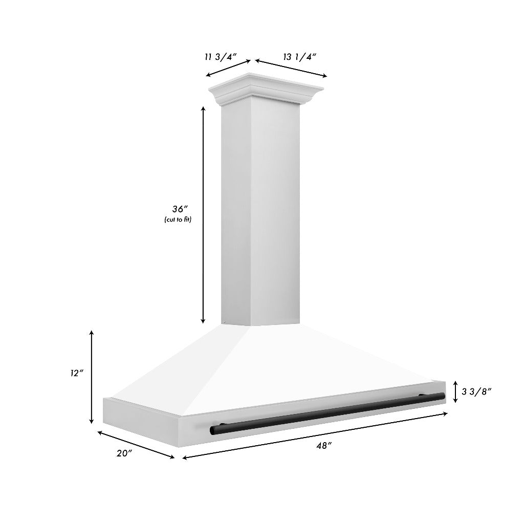 ZLINE Autograph Edition 48 in. Stainless Steel Range Hood with White Matte Shell and Accents (KB4STZ-WM48) dimensional diagram and measurements.